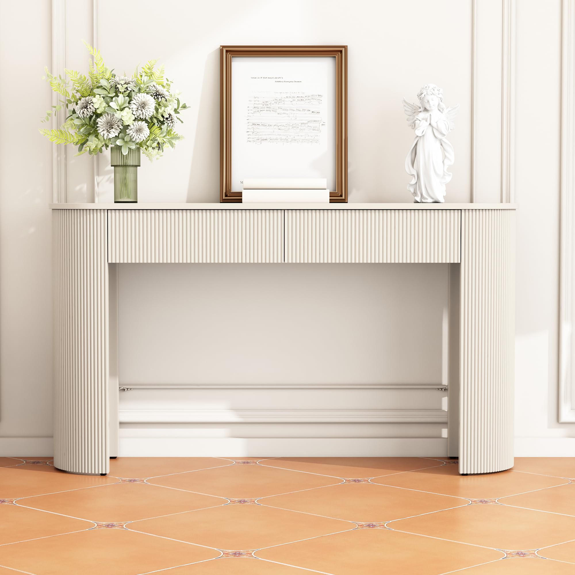 Modern Console Table with 2 Storage Drawers, Fluted Wood Entryway Table with Oval Top for Living Room, Entryway, Hallway, Easy Assembly, Champagne