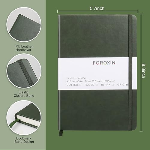 Miniatura 2 de foroxin Cuaderno cuadriculado de viñetas, cubierta de cuero verde oscuro, 8.3 x 5.7 pulgadas, 160 páginas, papel de 3.53 ozm, tapa dura con bolsillo
