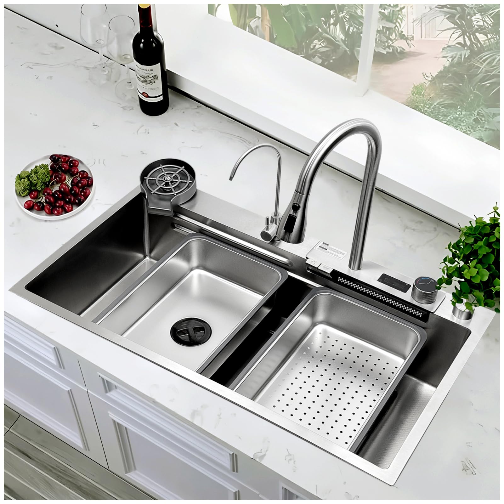 Fregadero de cocina plateado de 85 x 50 cm, acero inoxidable 304, cascada con grifo extensible, lavavajillas de cristal, tabla de cortar, sifón, tubo de drenaje, fregadero multifuncional, fregadero de