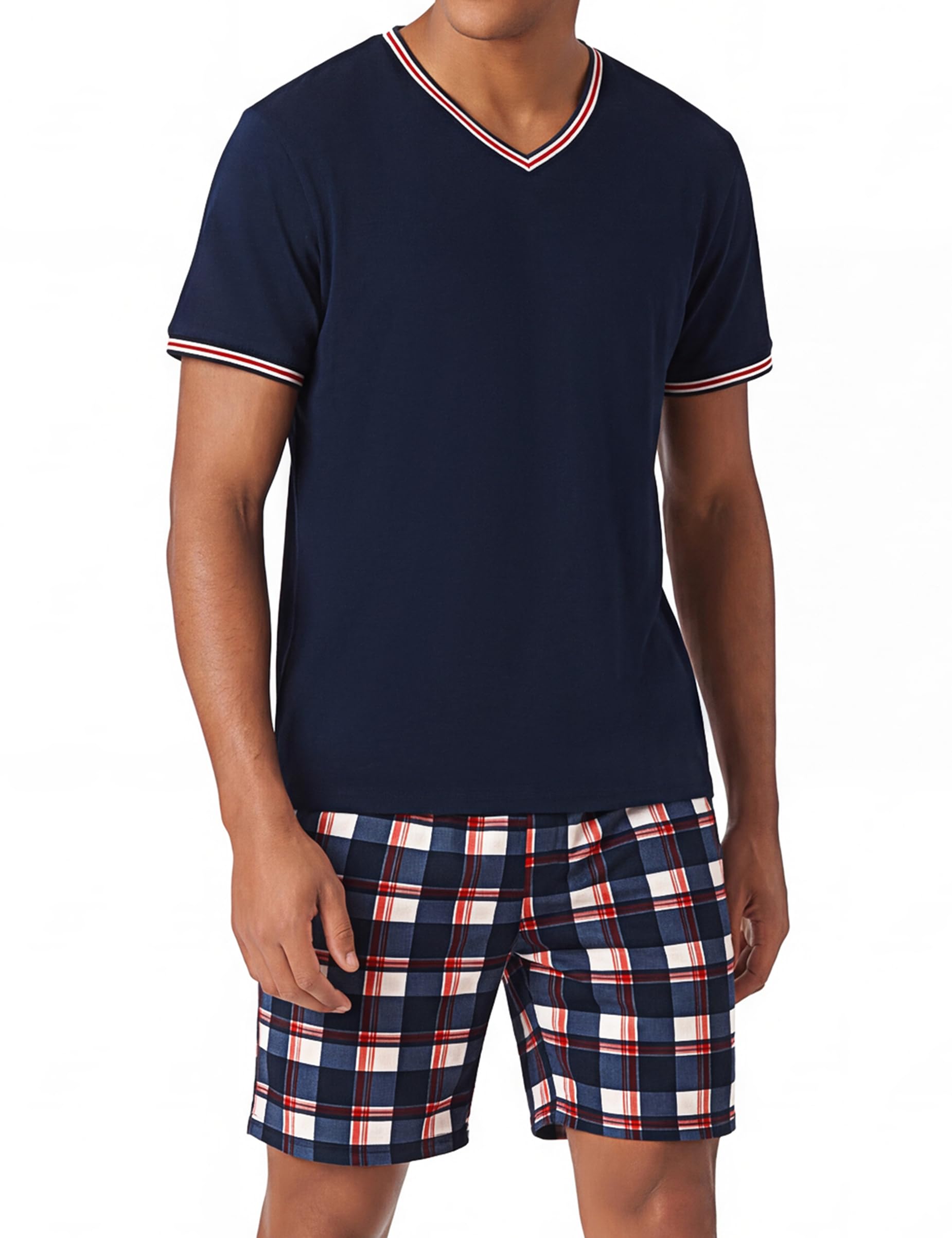 Bresdk Schlafanzug Herren kurz Baumwolle Sommer Pyjama Set Nachtwäsche Kurzarm V-Ausschnitt und Shorty Schlafanzughose