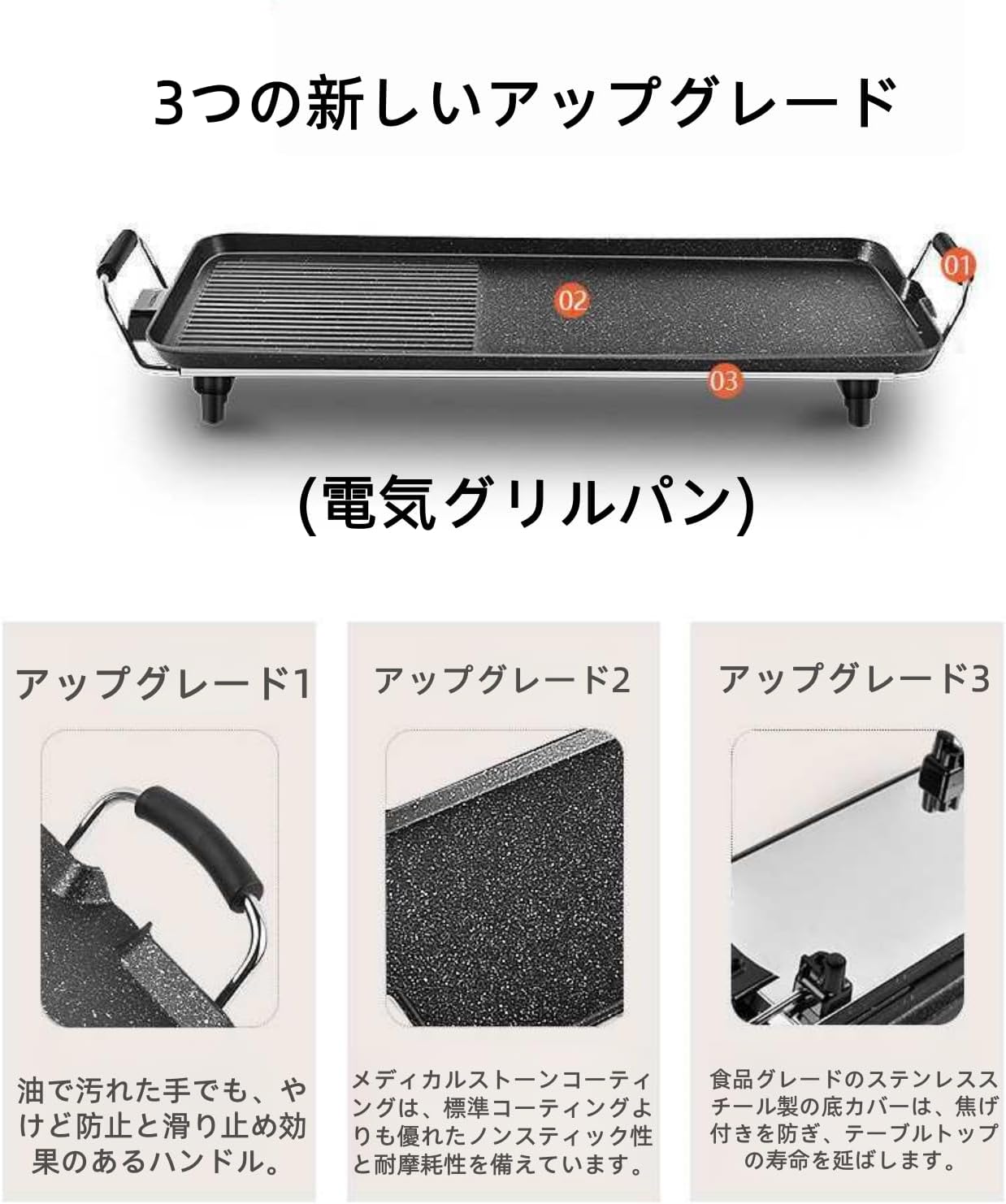 Kizare電気グリルパン 家庭用鉄板焼きグリル 3秒で急速加熱、インテリジェントな温度コントロール、多機能ノンスティックパン、大容