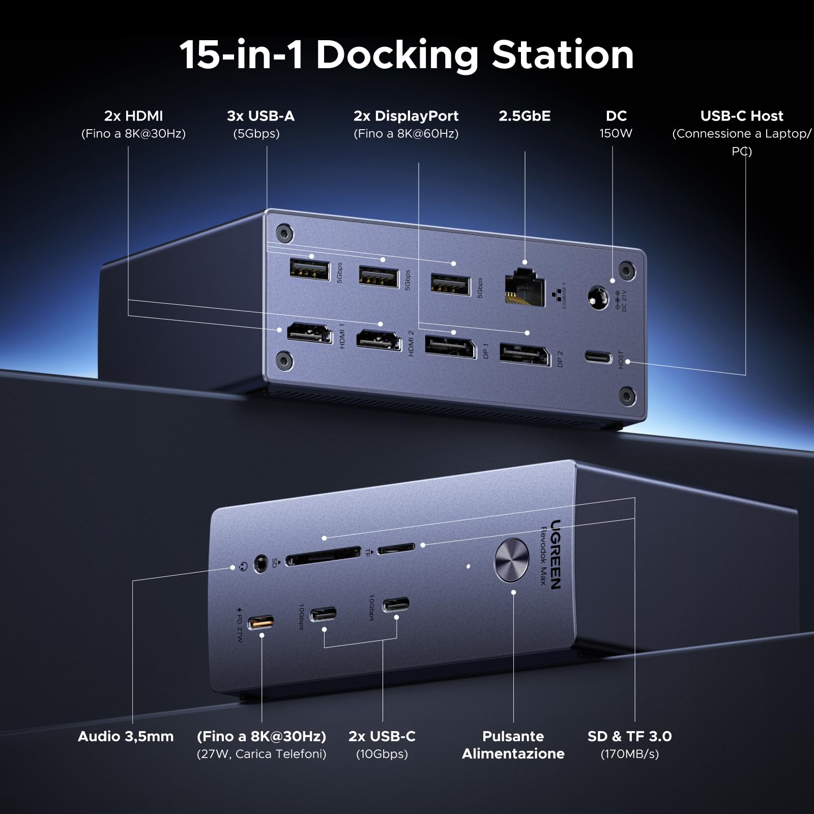 UGREEN DisplayLink 15 in 1 Docking Station USB C Quadruplo Display per Mac | 2 DP, 2 HDMI, Unico 8K, Quattro Schermi 4K, 10Gbps, RJ45 2,5GbE, Ricarica PD 100W, SD TF, Audio 3.5mm, CC 150W