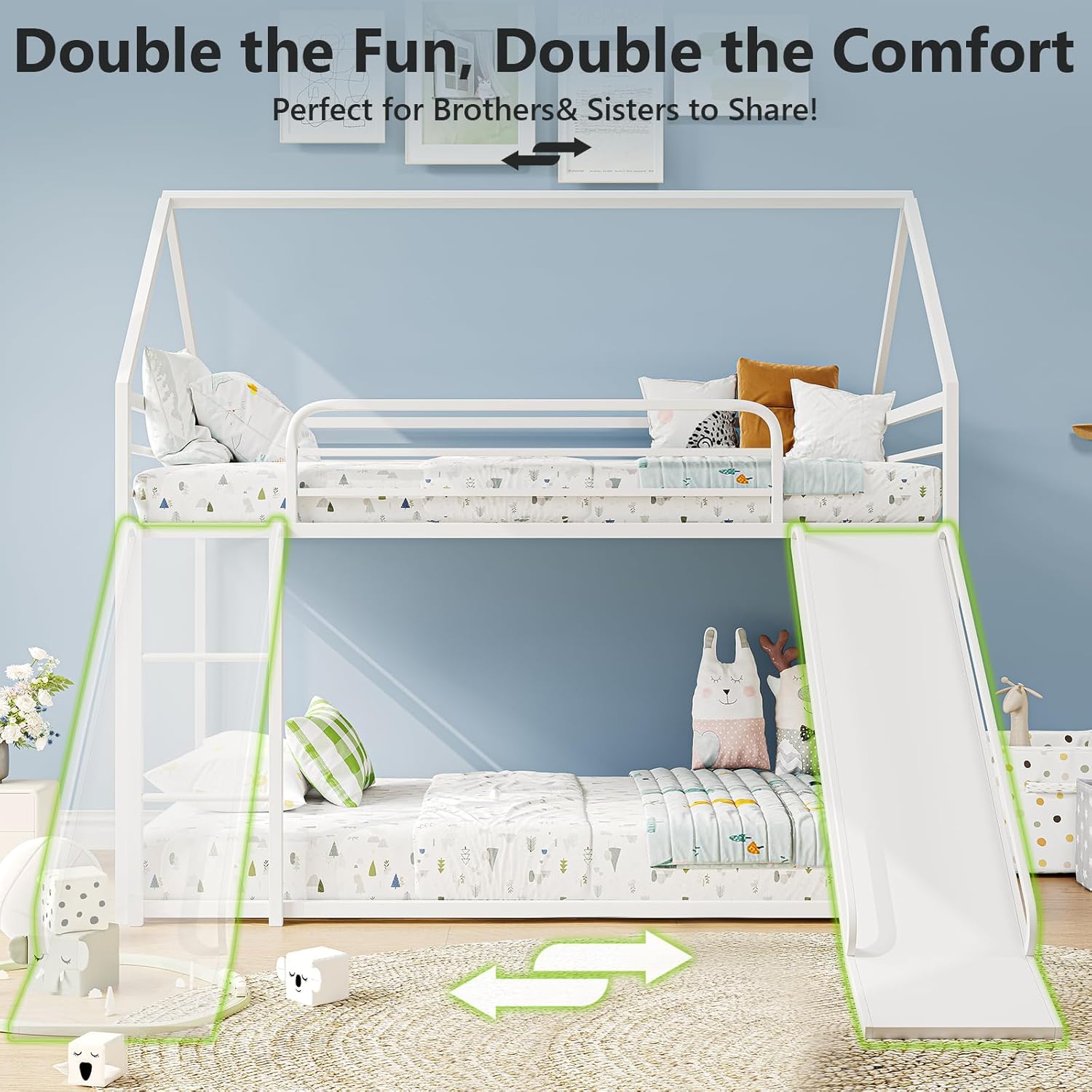 Metal Bunk Bed with Convertible Slide & House Roof Design - Twin-Over-Twin Low Frame | Full Guardrail, Montessori Style (White)