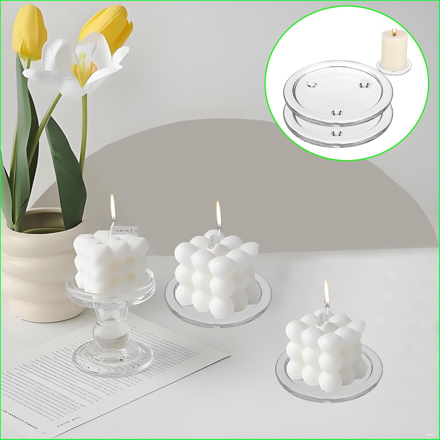2 Pack Clear Glass Candle Plates Candle Tray Candle Holder,4 inch Transparent Round Pillar Plates for Dining Table Wedding ，Small Round Candlestick for Pillar Candle