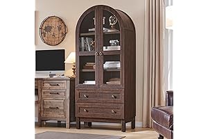 4-Tier Brown Glass Bookcase with Doors and Shelves