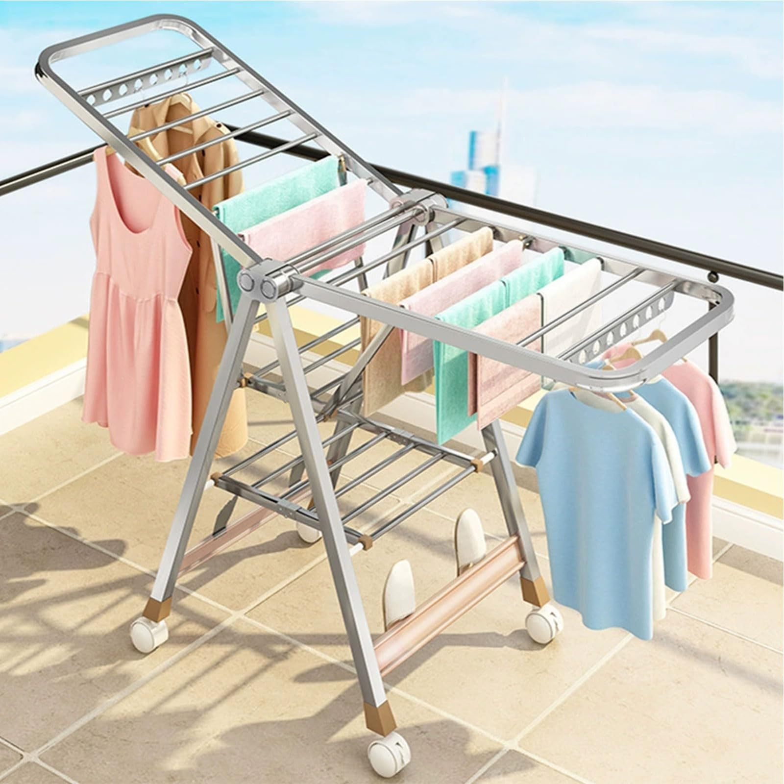 Étendoir à linge mobile en acier inoxydable avec 4 roulettes modèle intérieur extérieur