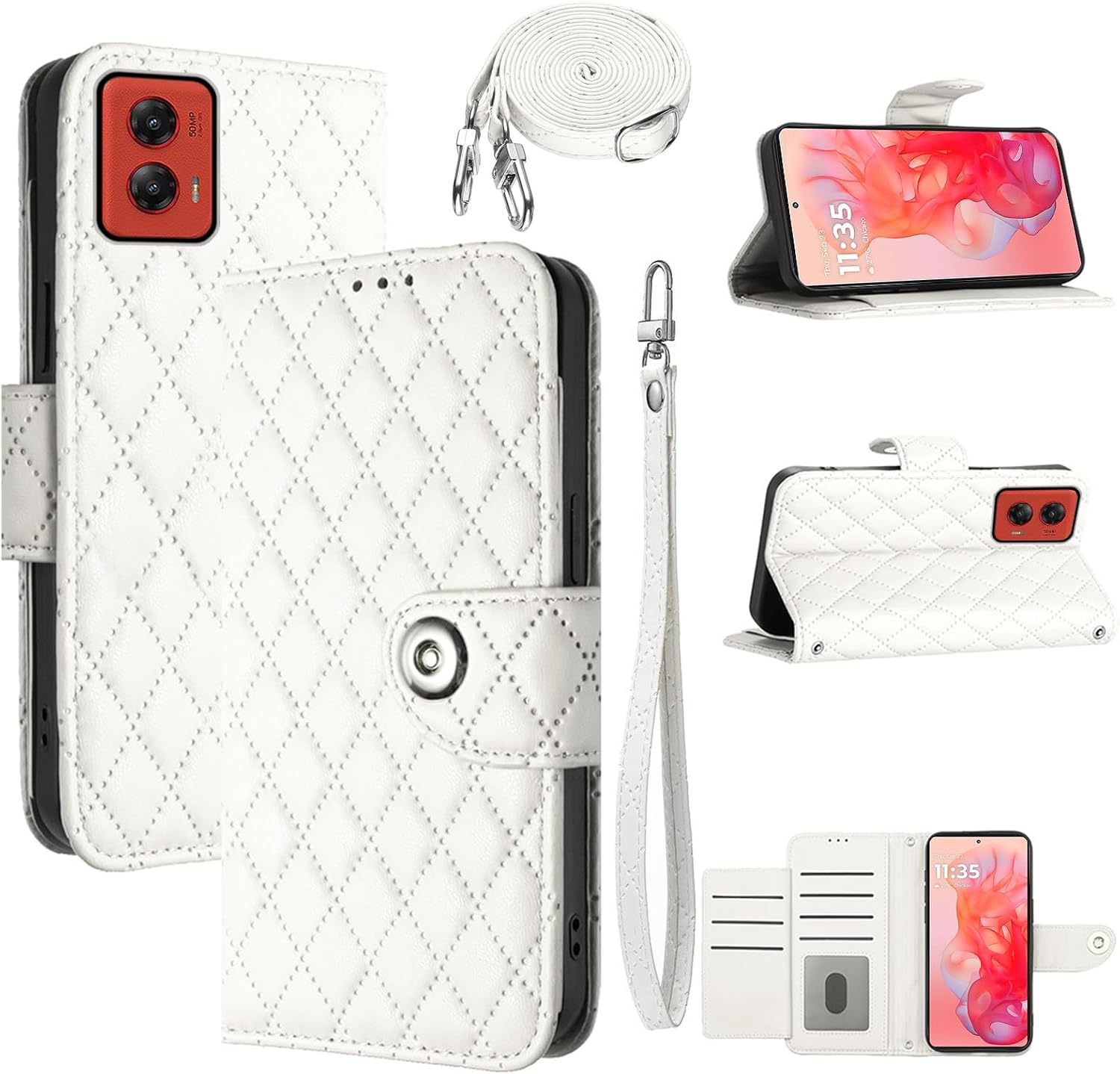 Wallet Case for Motorola Moto G Stylus 5G 2024 with Wrist Strap Crossbody Shoulder Strap, Argyle Pattern PU Leather Flip Credit Card Holder Stand Cell Phone Cover for G5 Girls Women White