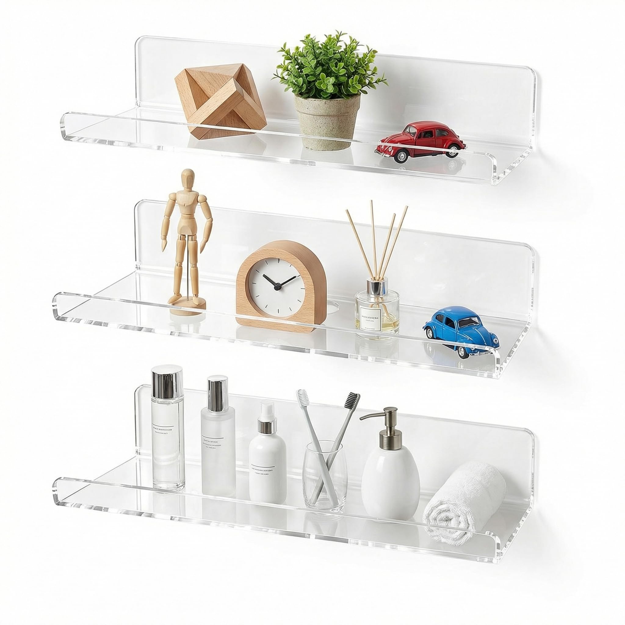 Clear Acrylic Floating Shelves Set of 3, No Drill, 30 × 10 cm - Clear