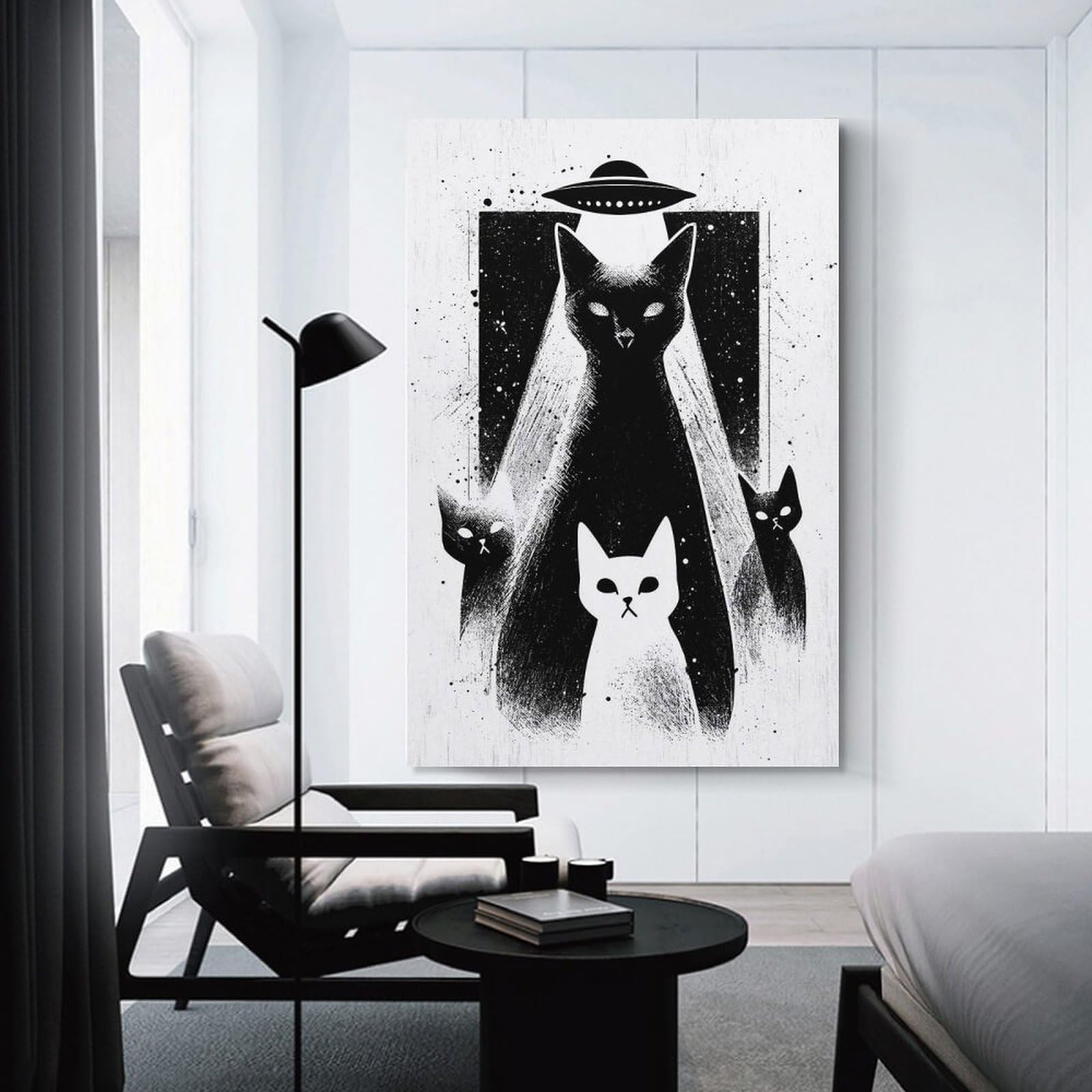 Junmoney Unframe-Style-1 Alien Cats Abduction Black And White Home Decor Wall Art 24X36inch(60X90cm), For Restful Interiors, Bedrooms Or Small Rooms, Decorative Wall Art For Cosy Rooms