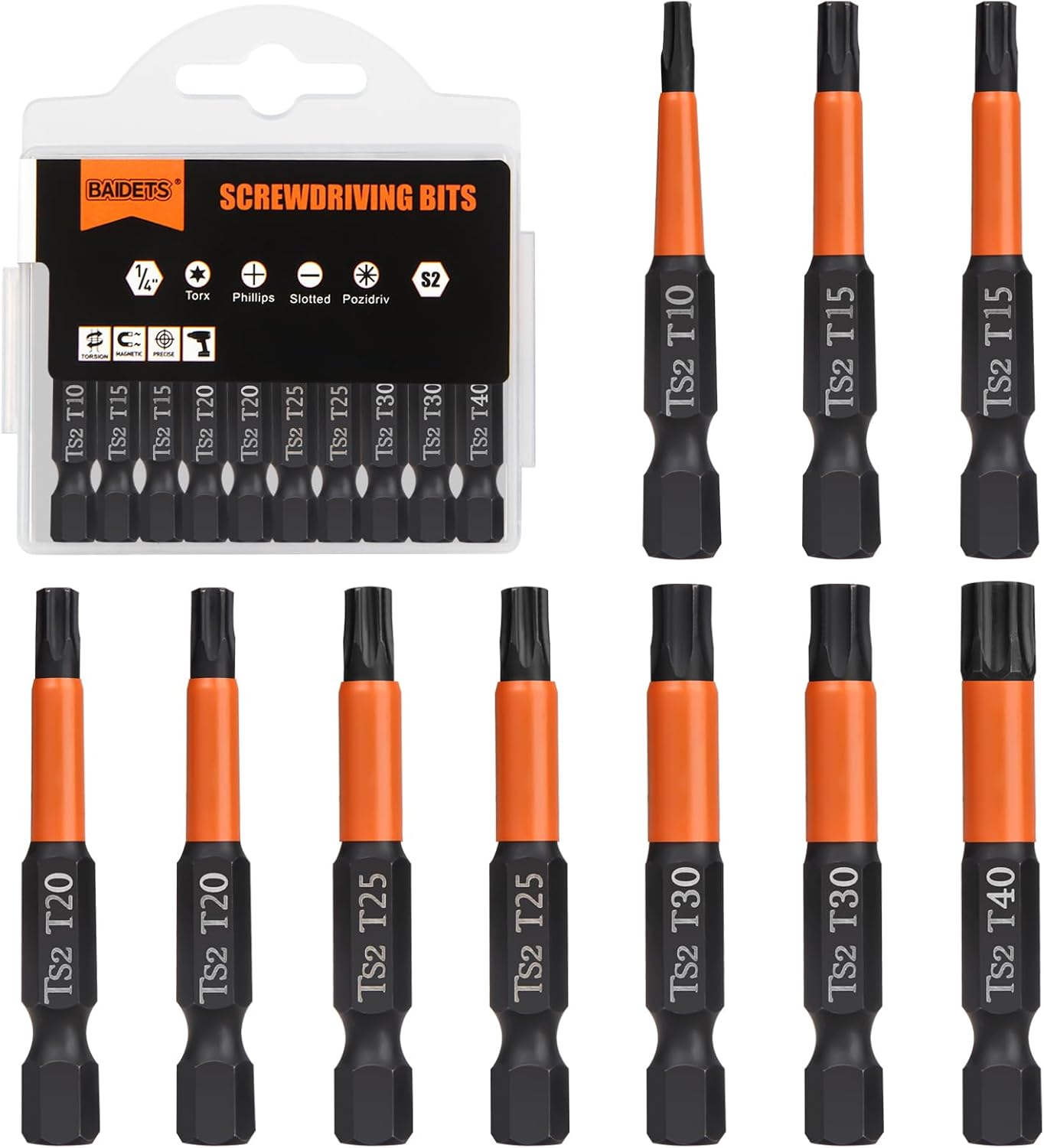 BAIDETS Pro Screwdriver Bit Set - Screwdriver Torx Bit Set 10 Pieces, 50mm Length, 1/4" Hex Shank Bit Assortment, with Storage Box