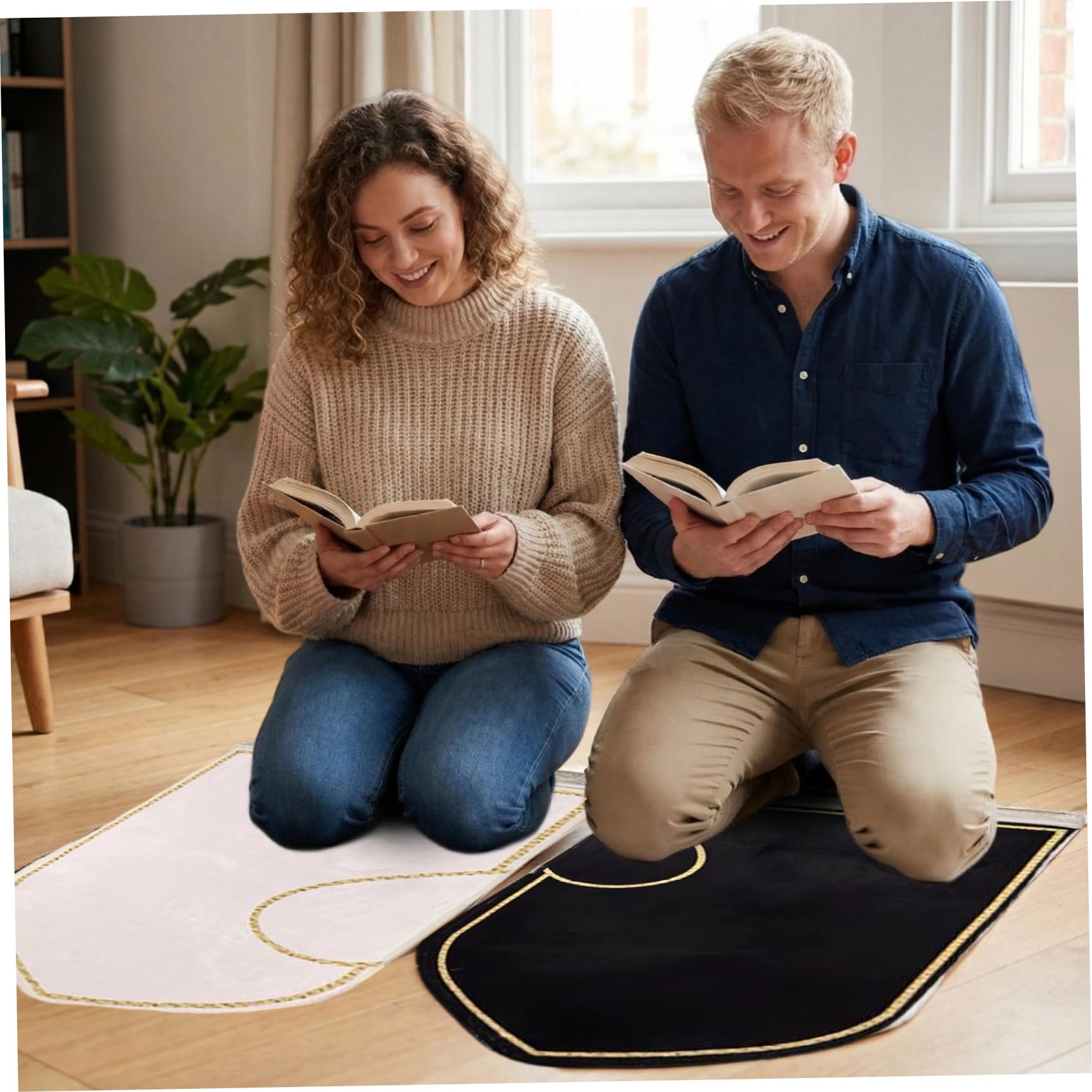 1 paire de tapis de prière musulmane à motif cœur avec pompons, portable, antidérapant, lavable en machine, 109,2 x 71,1 cm