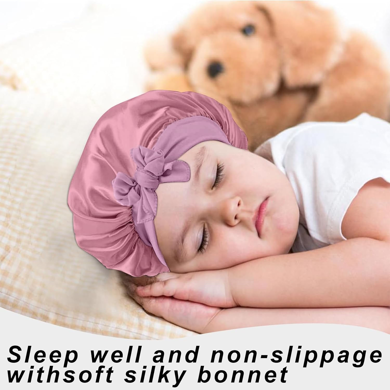 3 Pcs Kids Silk Bonnet for Sleeping-Baby Kids Satin Hair Bonnet for Curly Hair Girls Boys with Wide Elastic Band,Sleeping Cap for Teens Toddler (Rose Gold+Hotpink+Purple)