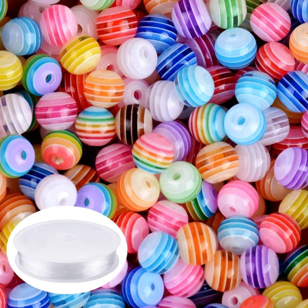 Amaney 300 pcs 8mm Acrylic Rainbow Stripes Beads Colourful Round with 1 Roll 5M Crystal String Cord for Jewelry Making Bracelets Necklaces Key Chains