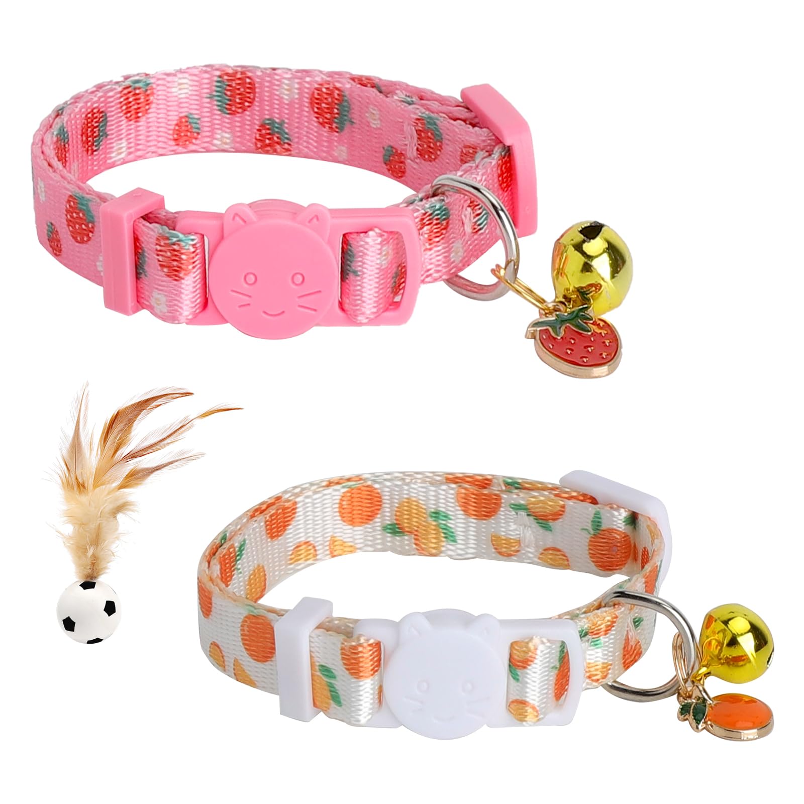 Juego de 2 collares de seguridad ajustables para gatos, collar de algodón para gatos diseño de fresas y corazón con colgante en forma de corazón bonito collar de gato con campana de liberación 20-28cm
