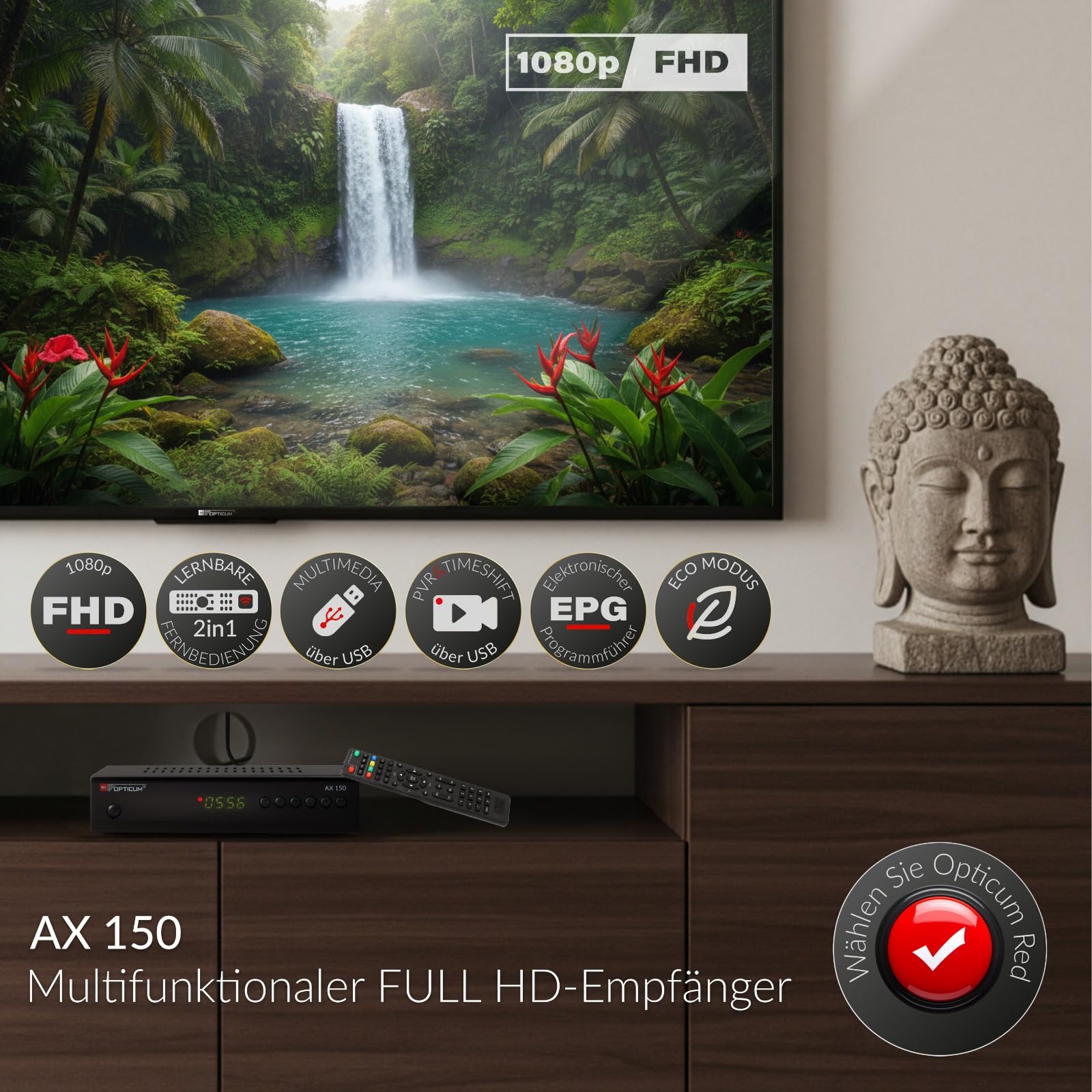 RED Opticum AX-150 Sat Receiver mit Aufnahmefunktion PVR Ready, Digital Sat-Receiver HD fähig für Satelliten, Satellitenschüssel mit HDMI - SCART - USB, TV HD-Receiver Satellit TV (Test: SEHR GUT)