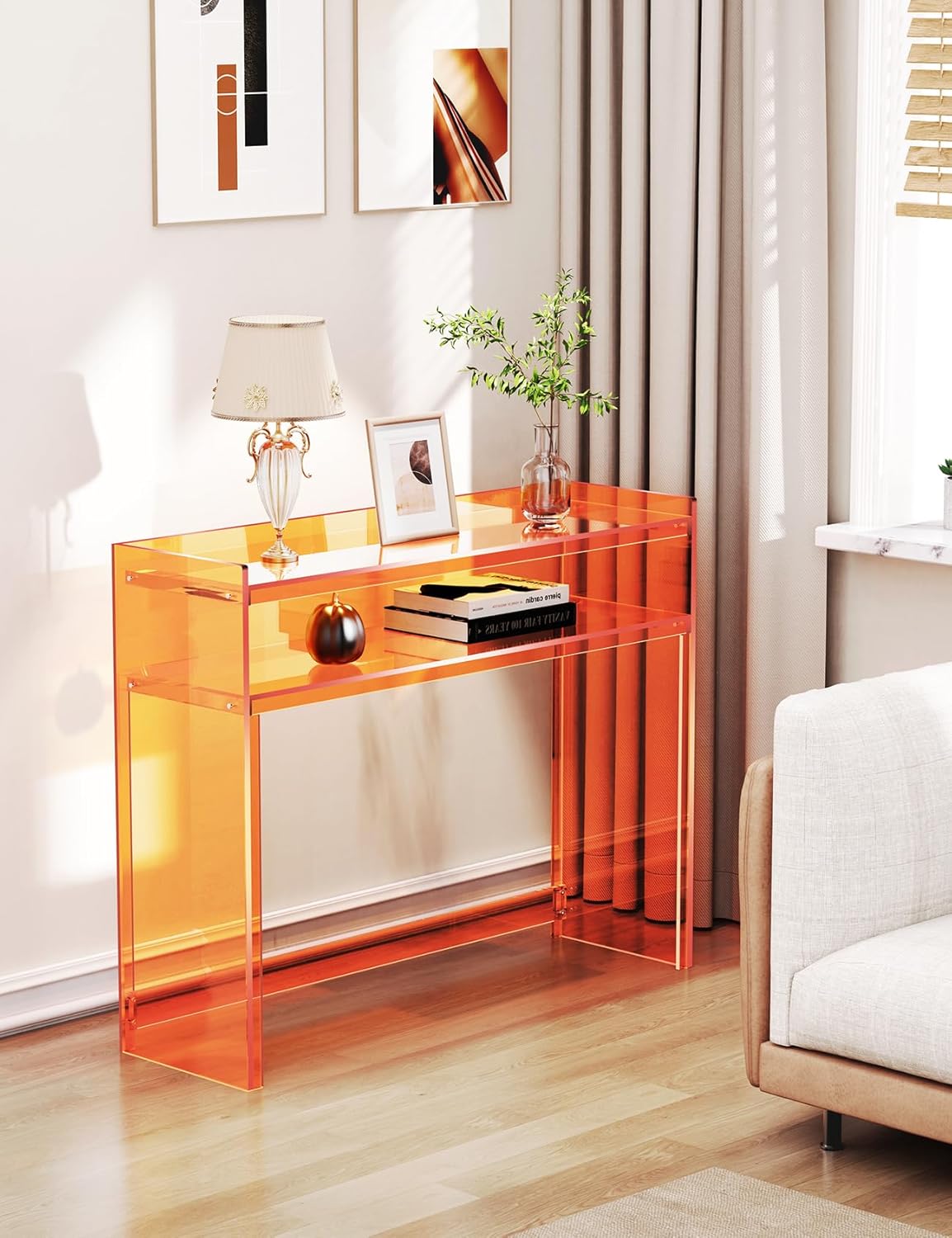 Acrylic Console Table, Entryway Table with Storage Shelves (1, 39.4 * 31.5 * 11.7 inches) (Orange)