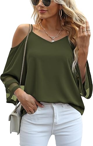 Miniatura 3 de Jouica Tops de Verano con Hombros Descubiertos para Mujer Panel de Malla Mangas Acampanadas 34 Camisetas con Tirantes Espagueti Ajustables Camisas