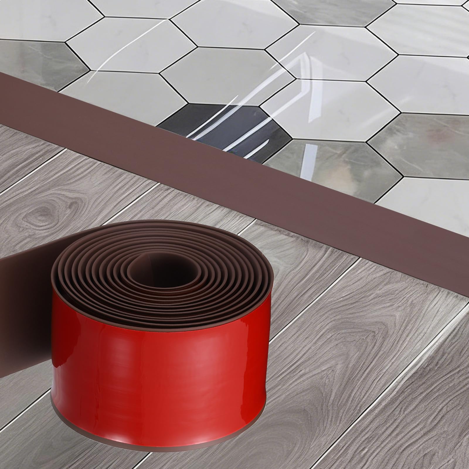 Kozelo Floor Transition Strip - [300 x 7.6 x 0.35cm] PVC Self Adhesive Floor Cover Strips Waterproof Laminate Edge Trim with Wood Grain for Flooring Gaps Carpet Transition, Coffee