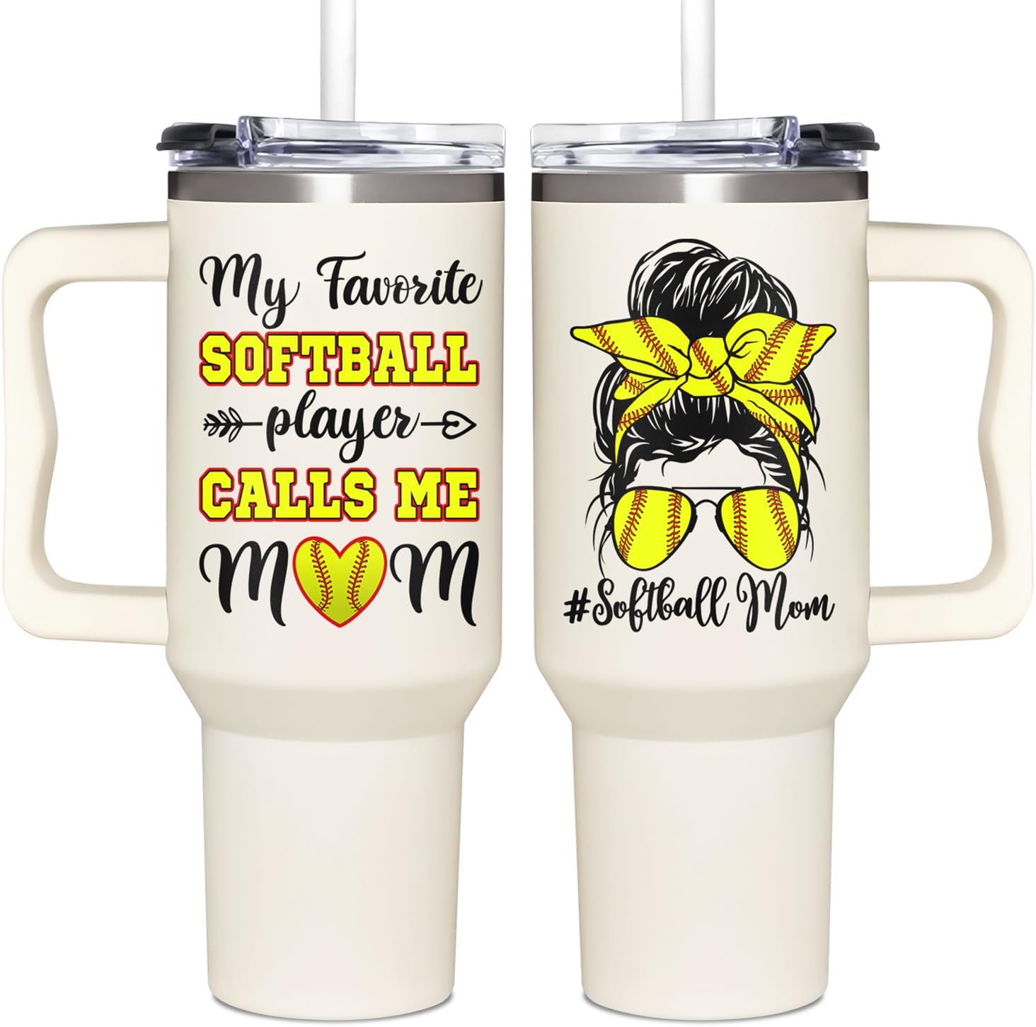 Softball Mom Gifts - Softball Gifts For Mom From Son, Daughter, Boy, Girl, Kids, Friends - Softball Birthday Gifts For Mom - Christmas Softball Presents For Mom - Softball Mom Tumbler With Handle 40oz