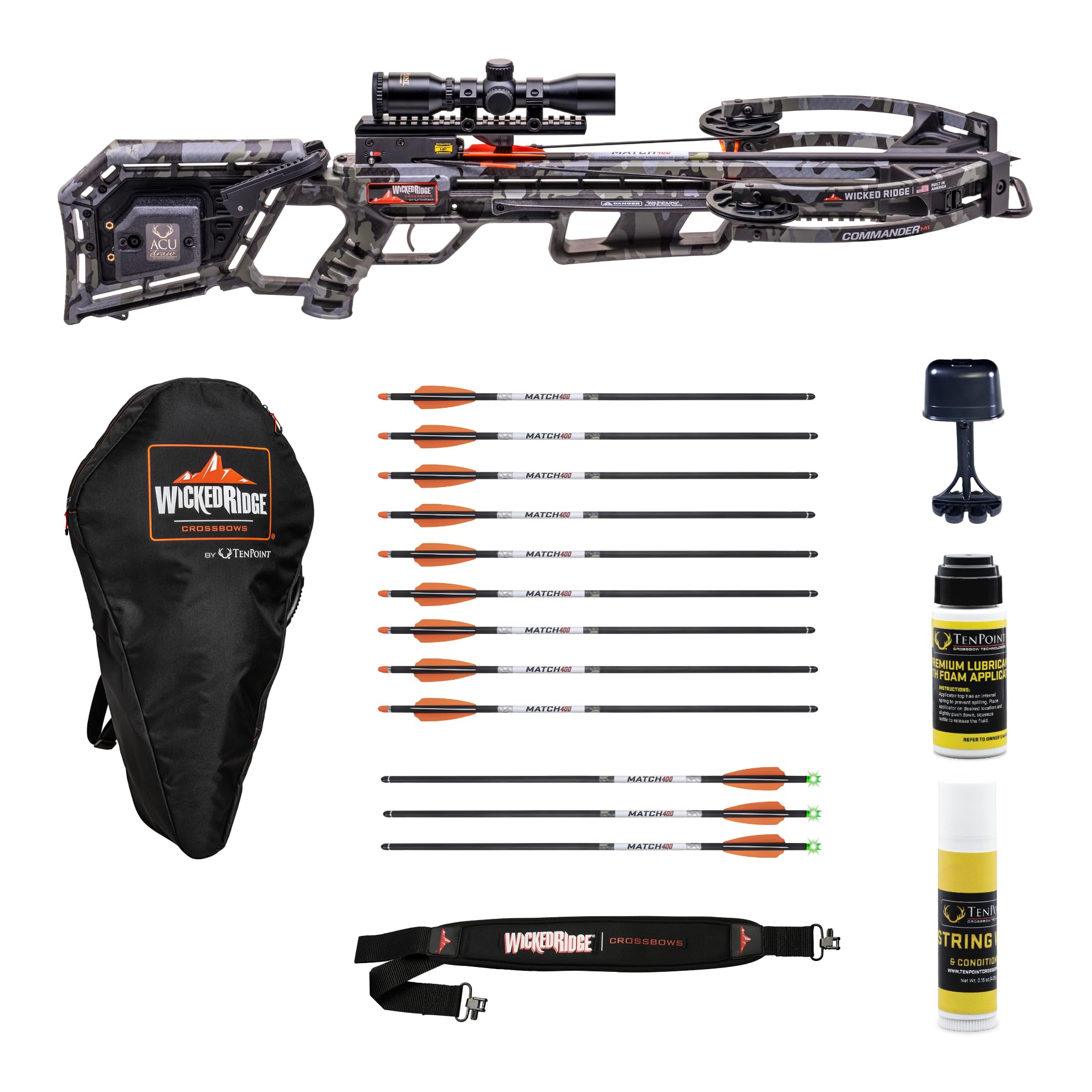 Wicked Ridge by TenPoint Commander M1 Ready-to-Hunt Package - Includes 9 Match 400 Non-Lighted + 3 Match 400 Lighted Arrows, Soft Case, Neoprene Sling, Premium Lubricant & String Wax & Conditioner