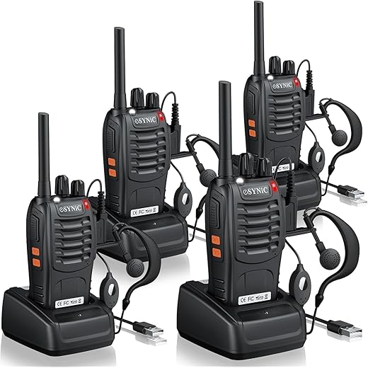 eSynic 4PCS Walkie Talkies de Larga Distancia con Auriculares Walkie-Talkie Profesional 16 Canales 1500mAh con Cargador USB Soporta VOX para Sobrevivir en el Campo Ciclisimo