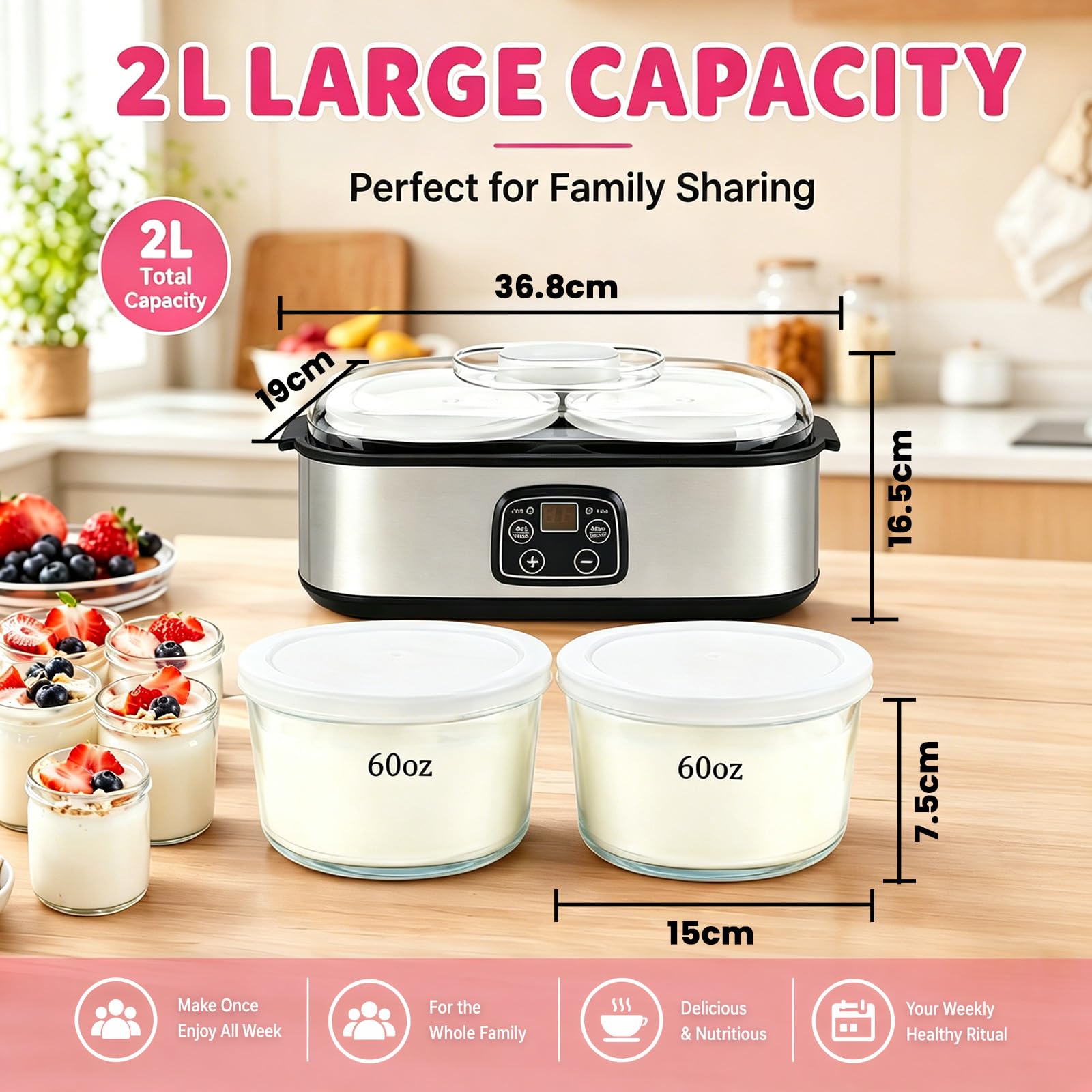 Joghurtbereiter 25W mit 2 Gläsern, Automatischer Joghurtbereiter mit einstellbarer Temperatur- und Zeiteinstellung, Elektrischer Milchfermenter für Joghurt, Pudding & Smoothie