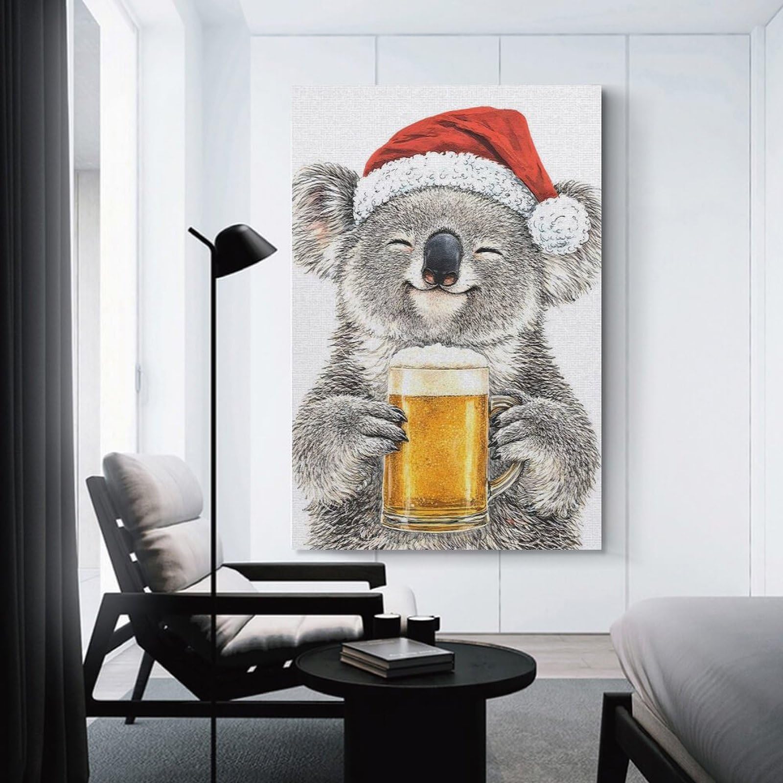 Junmoney Canvas Wall Picture Koala in Santa Hat with Beer, 16x24inch(40x60cm), for Home Lounge, Bedroom Or Reading Nook, A Home Accent with Warm Character