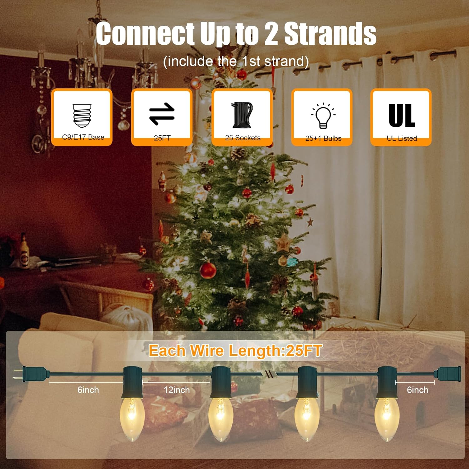 GOOTHY C9 Clear Christmas String Lights, 25Ft Outdoor Christmas Lights with 26 Warm White Bulbs, Hanging Roofline String Lights Vintage Christmas Lights UL Listed for Patio Garden Backyard Decor - Image 2