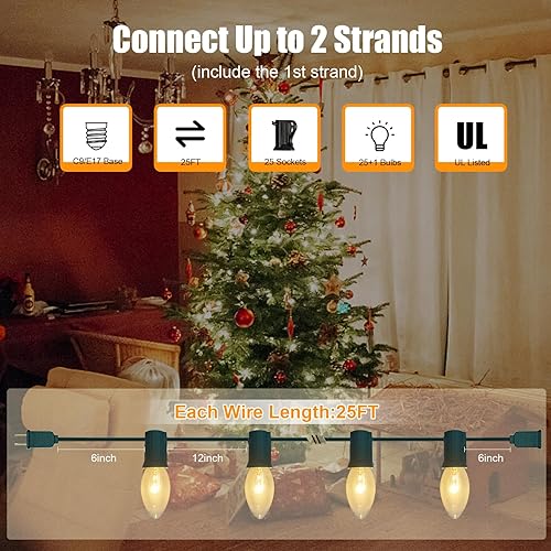 Vista 2 de GOOTHY C9 Clear Christmas String Lights, 25Ft Outdoor Christmas Lights with 26 Warm White Bulbs, Hanging Roofline String Lights Vintage Christmas