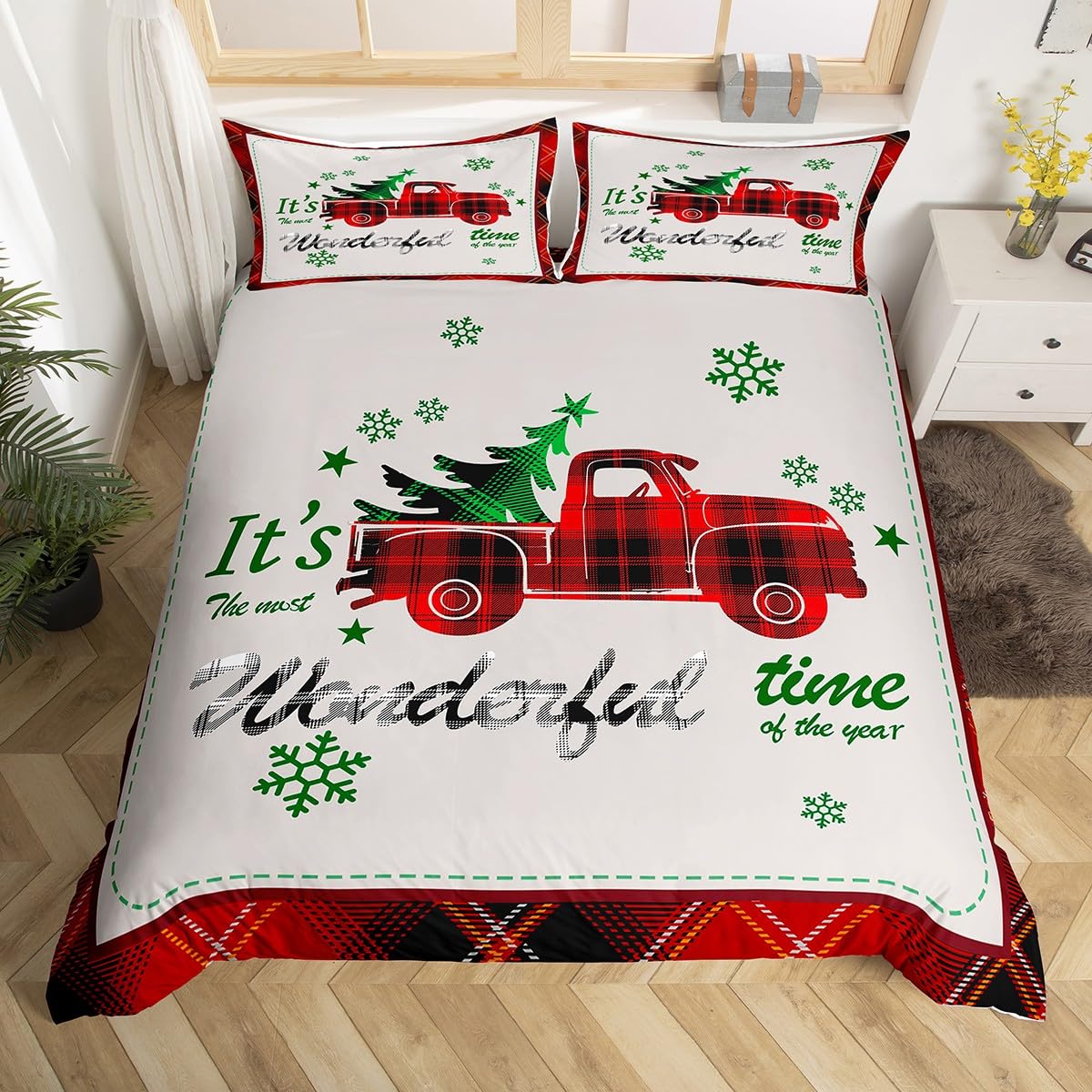 Housse de couette camion de Noël 3 pièces imprimé sapins et flocons pour lit d'enfant