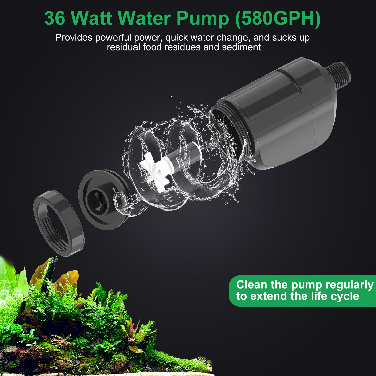 SYSENCIAGA Electric Aquarium Vacuum Gravel Cleaner, 36W Electric Fish Tank Cleaning Tools with Strong Suction for Automatic Water Change Algae Filter Water Circulation Wash Sand 580GPH (Black) - image 6