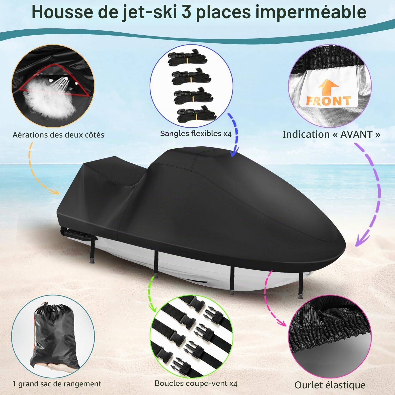 Bache Jet Ski 420D Durable et imperméable, Housse Waverunner 3 Places avec 2 aérations, 4 Boucles Coupe-Vent, Housse Universelle Toutes Saisons pour Seadoo (Noir,XXL : 345-368 cm)