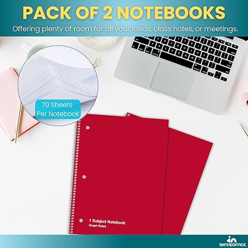 Miniatura 6 de 1InTheOffice Cuaderno de espiral de papel cuadriculado, cuaderno de espiral de 1 tema, cuaderno de cuadrícula, 8 x 10.5 pulgadas, 70 hojas, rojo,