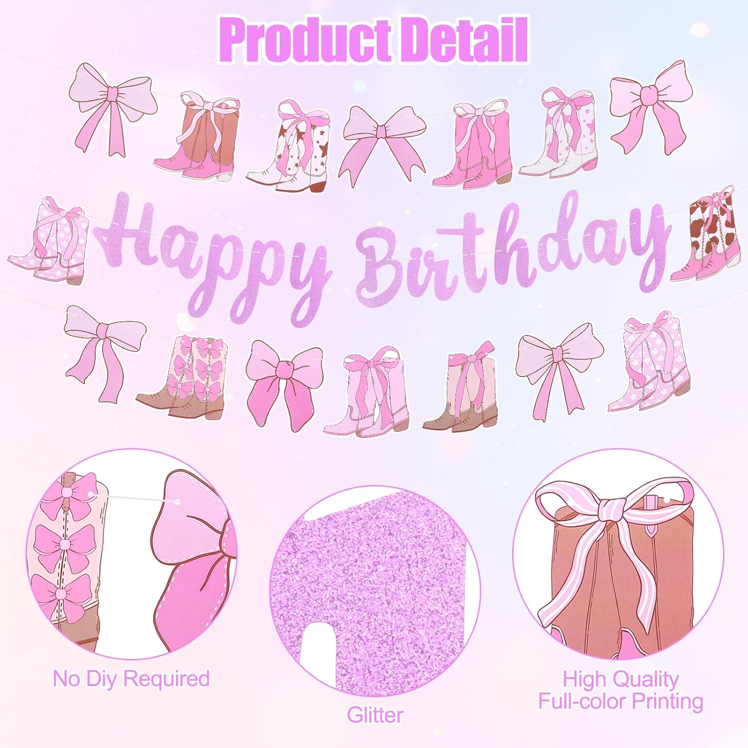 Meetory Cowgirl Birthday Party Decorations - Cowgirl Boots Bow Birth-day Banners Western Coquette Decorations Boots and Bows Banner Glitter Brown Coquette Birthday Party Supplies for Baby Shower Decor - Image 3
