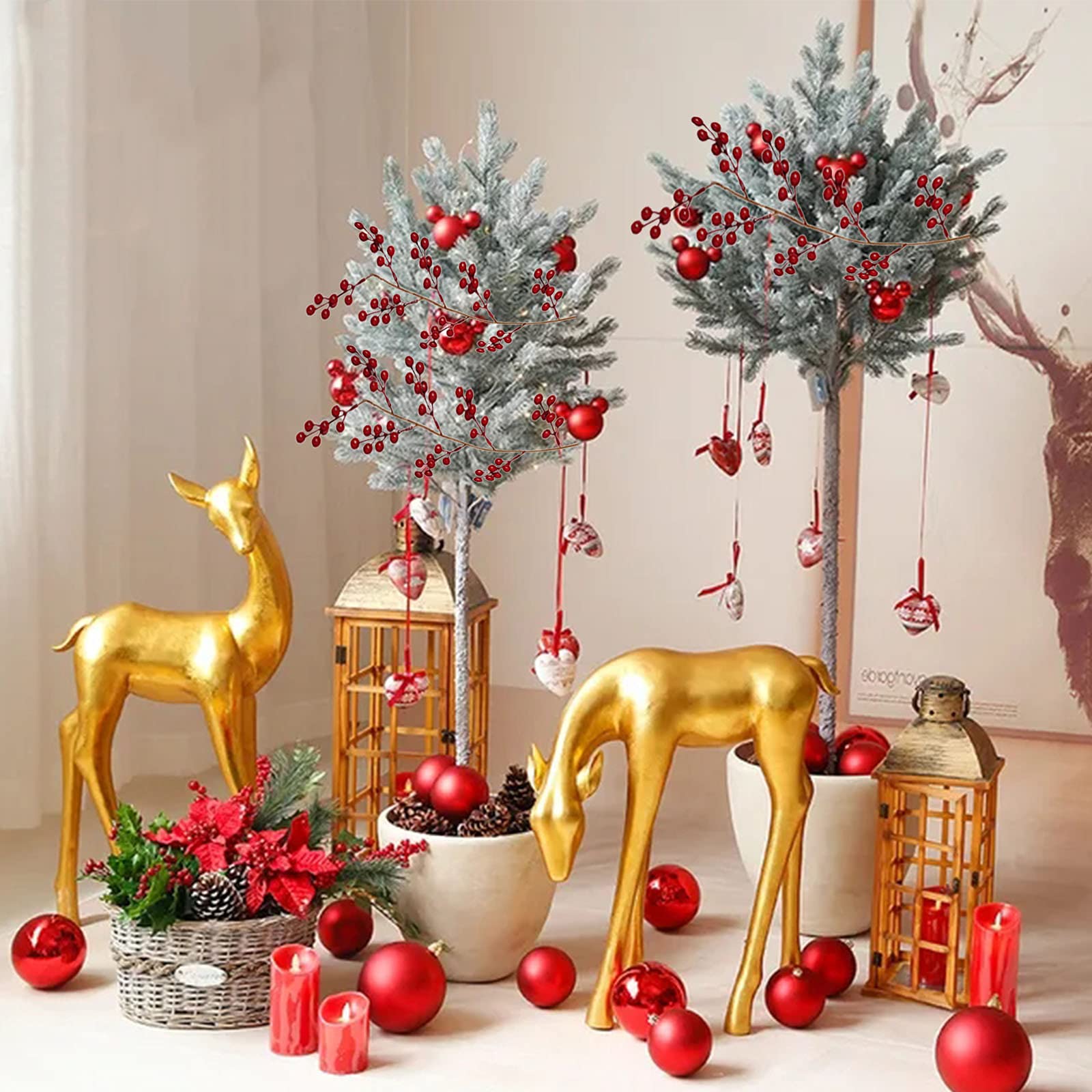 2 Stks Kerst Rode Bessen Slinger, 5.7FT Kunstmatige Kerst Bordeaux Hulst Bessen Wijnstok Gesimuleerde Rode Pip Bessen Rotan voor Winter Kerst Vakantie Nieuwjaar Decor(Rood
