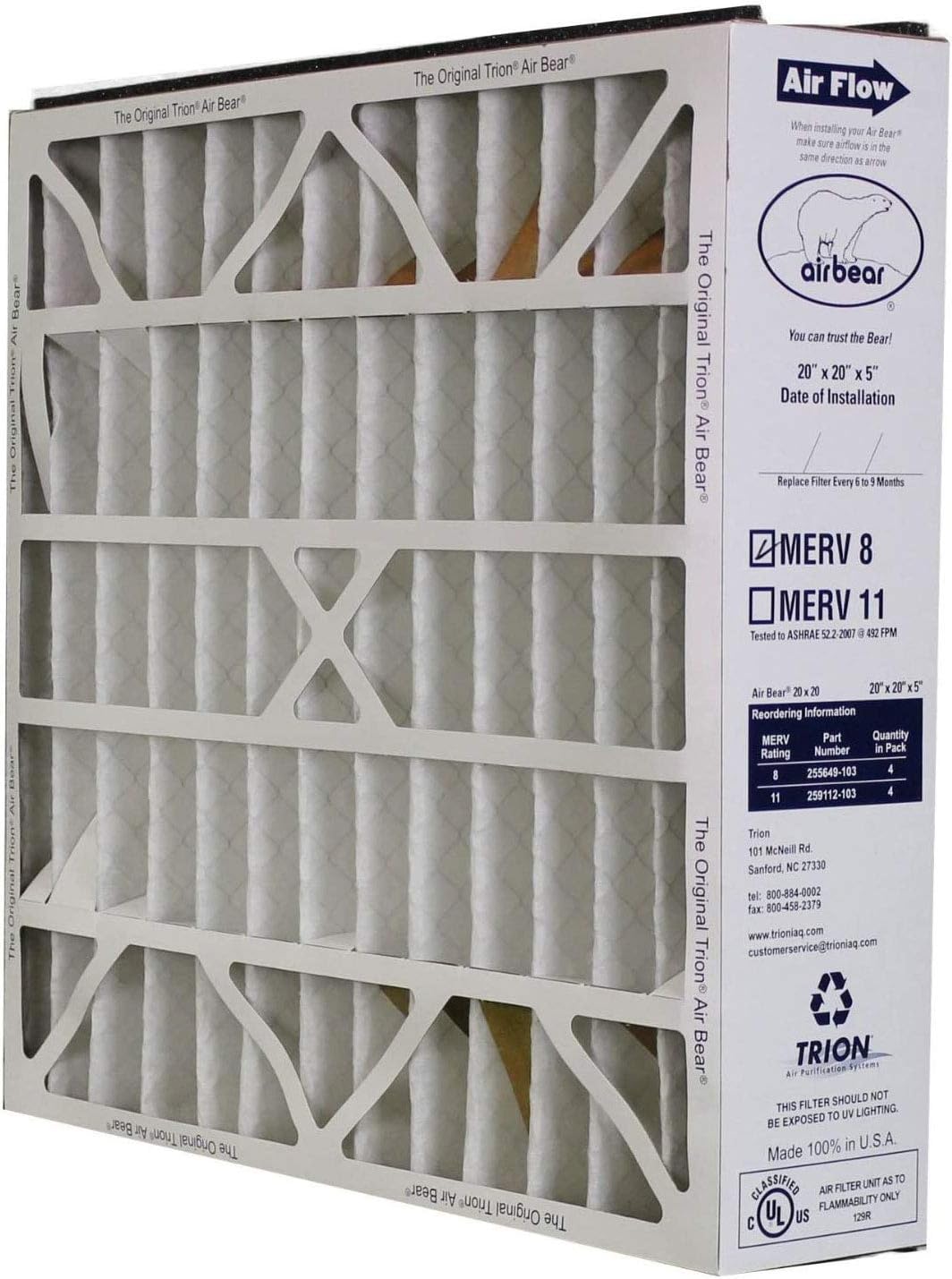 🔥 Flаѕh Sаlе Trion Air Bear 255649-103 (4 Pack) Pleated Furnace Air Filter 20x20X5 MERV 8