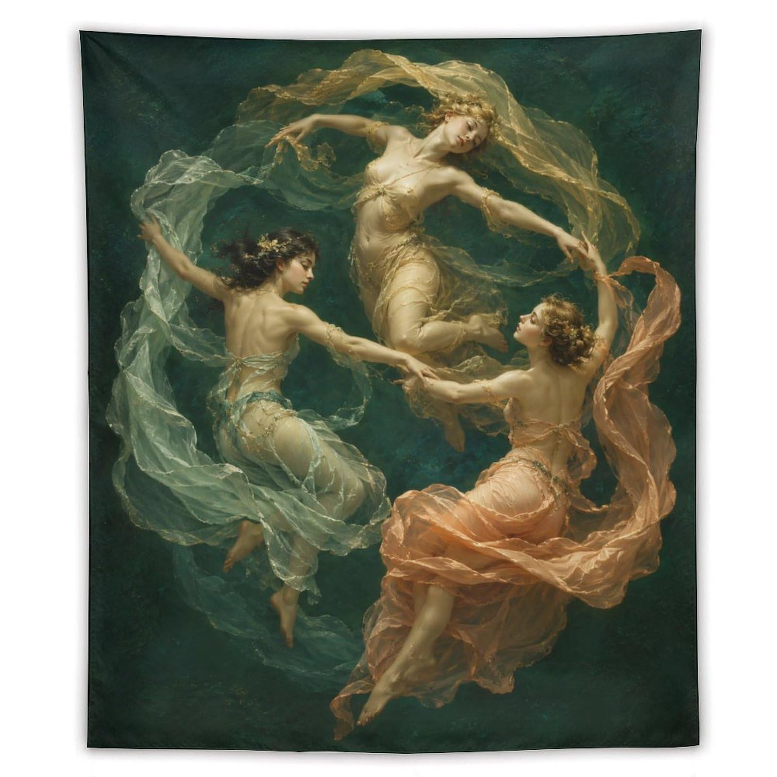 W7C8U2X3 Three Nymphs Forest Dance Wall Tapestry, Classical Fantasy
