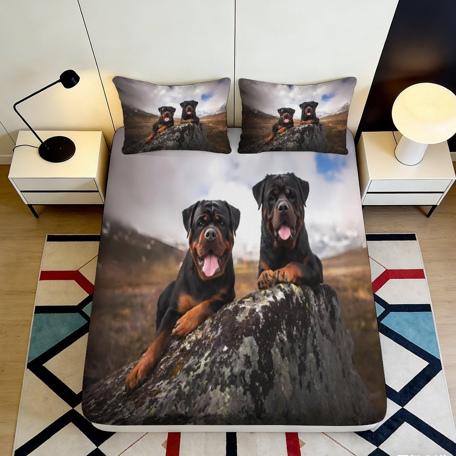 3D Printed Rottweiler Dog Fitted Sheet Microfiber Non Slip Bed Cover for Bedroom Guest Room Easy Care Decor 90x200x25cm