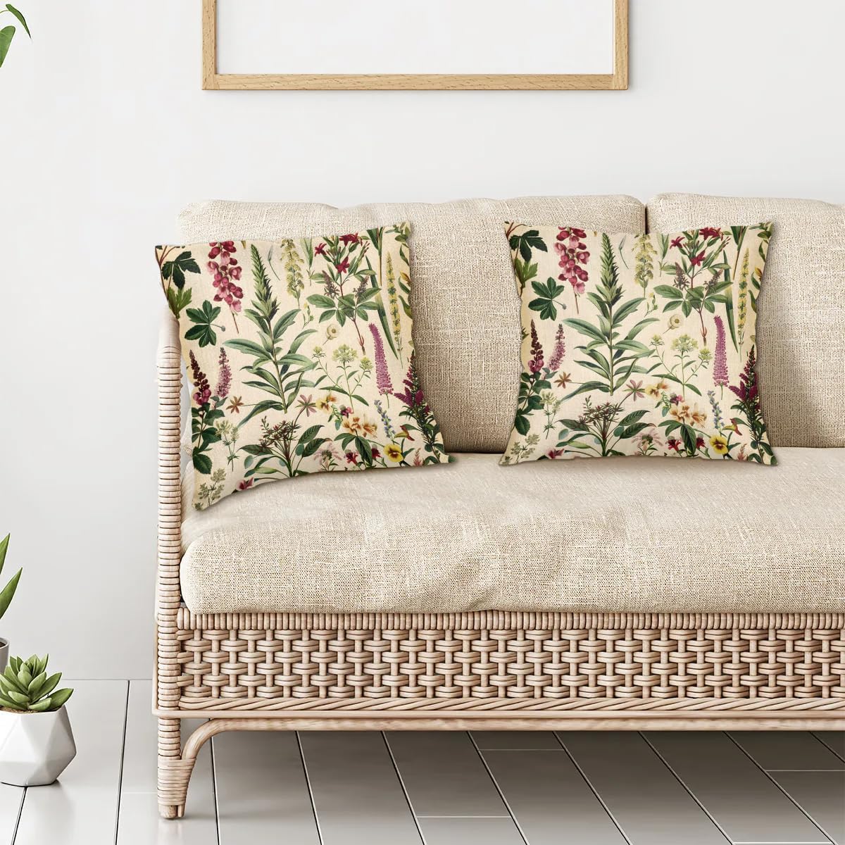 Wildflower Botanical Pillow Covers 16 x 16 Inch Set of 2, Floral Vintage Throw Pillow Covers Set Cushion Case Decorative Square Linen Pillowcases for Sofa Bed Couch Living Room Car