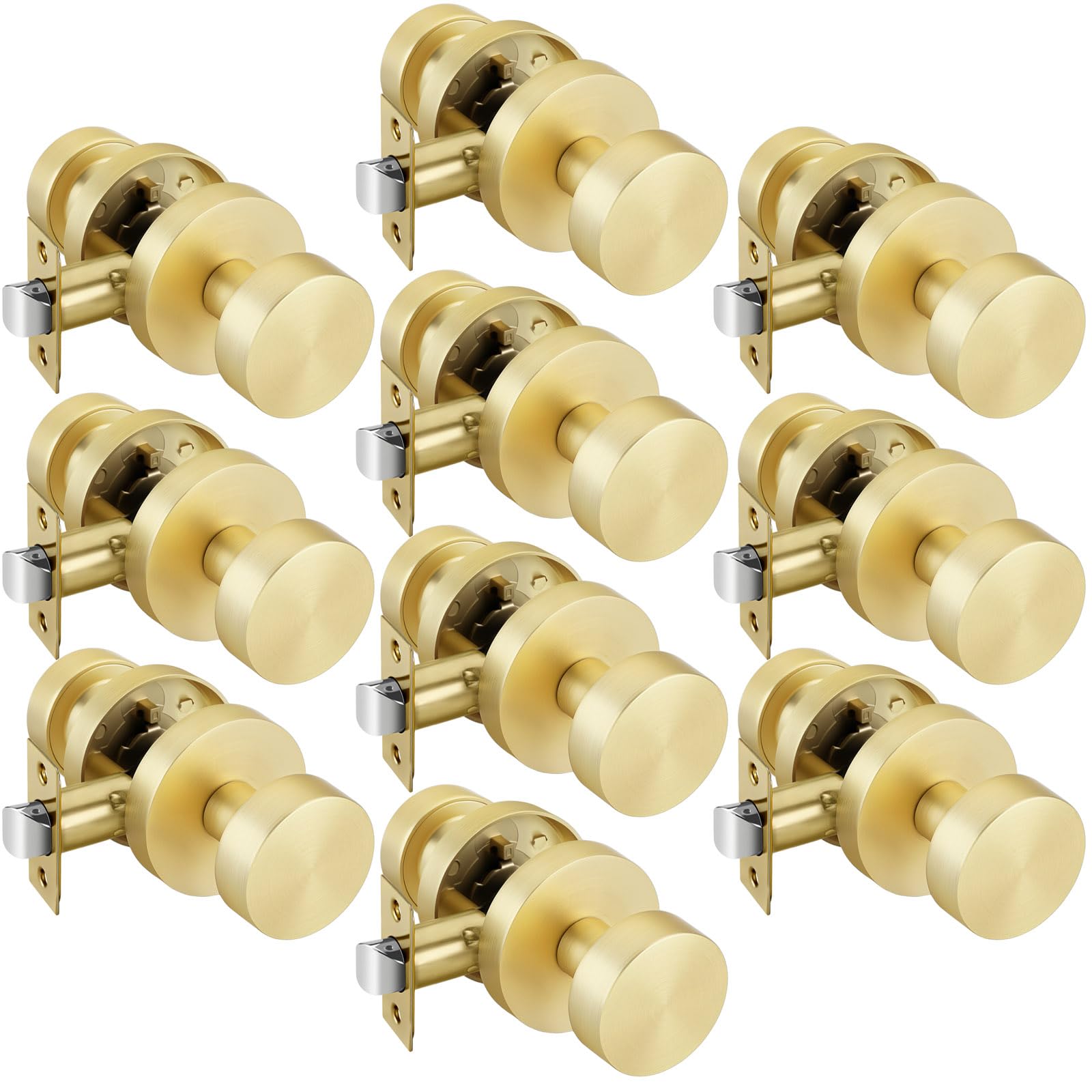 Goldenwarm Gold Door Knobs Passage, Zinc Alloy Keyless Brushed Gold Door Knobs Interior for Hallway &amp; Closet &amp; Living Room, Non-Locking Function, Adjustable &amp; Reversible (10 Pack)
