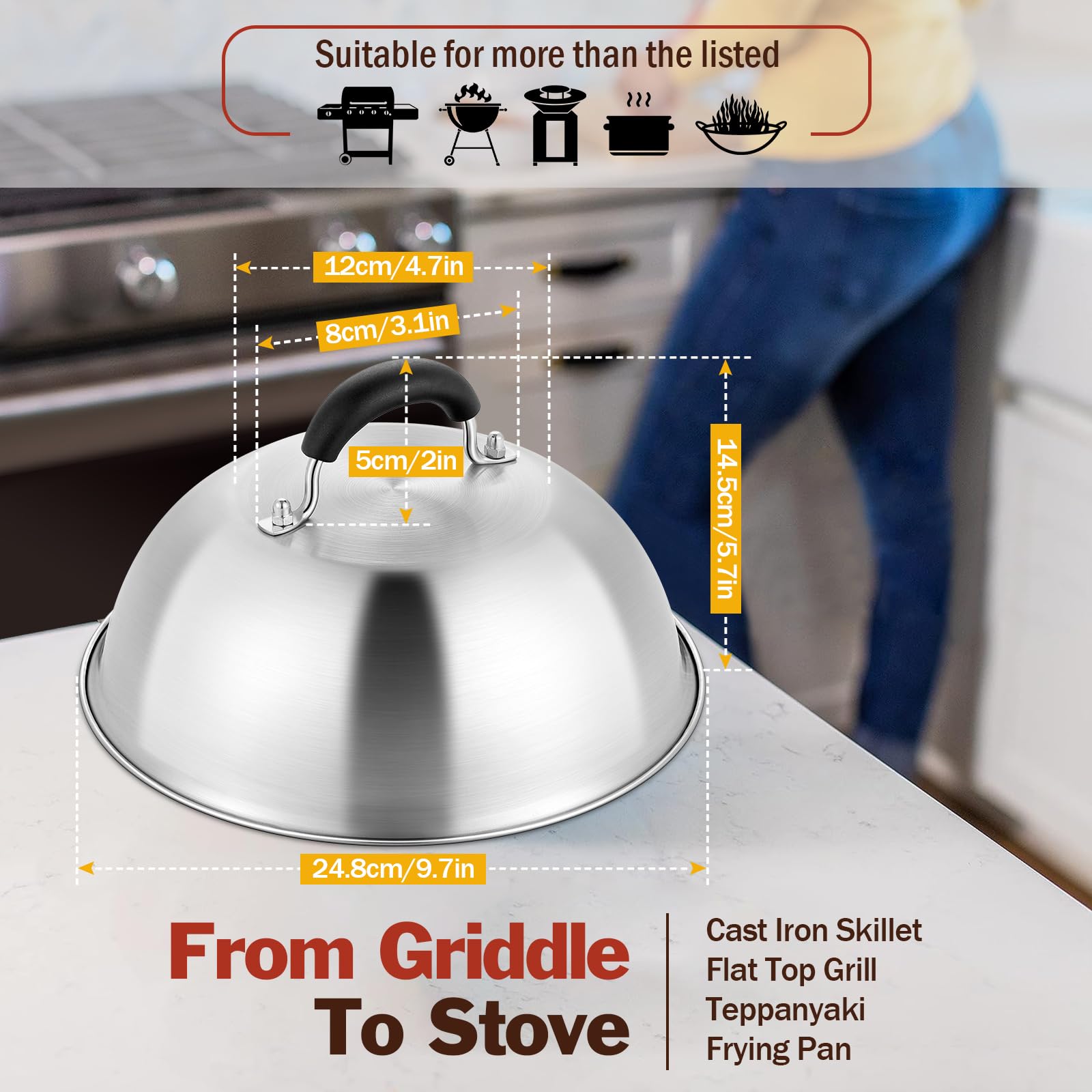 HaSteeL Cubierta para untar de 9.7 pulgadas, juego de cúpula redonda de acero inoxidable, cúpula de metal resistente para interiores y exteriores, plancha plana Teppanyaki, cocinar al vapor, barbacoa,
