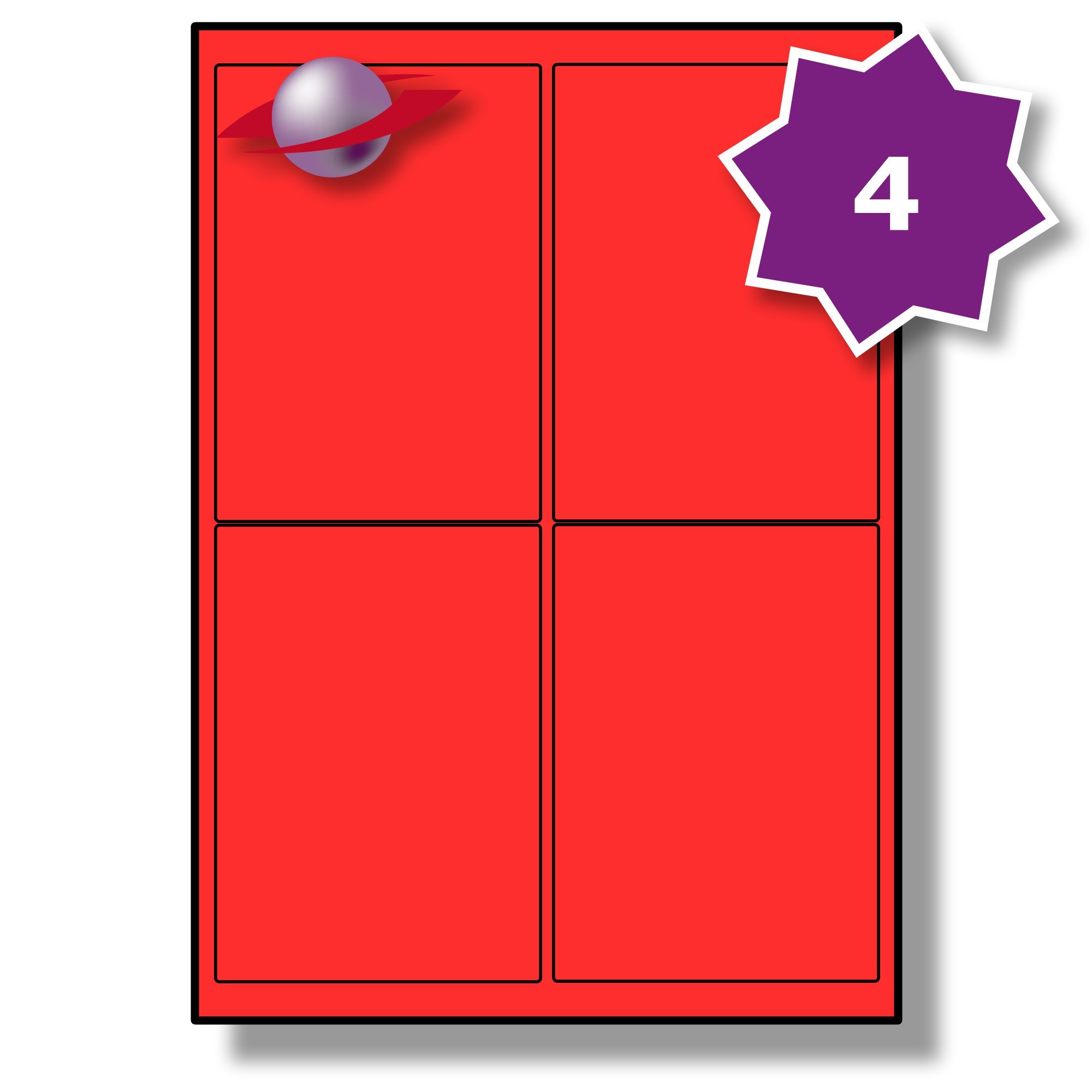 Label Planet® 4 Per Sheet, 25 Sheets (100 Fluorescent RED Labels). Fluorescent Labels for Laser Printers, 99.1 x 139mm, LP4/99 FC.