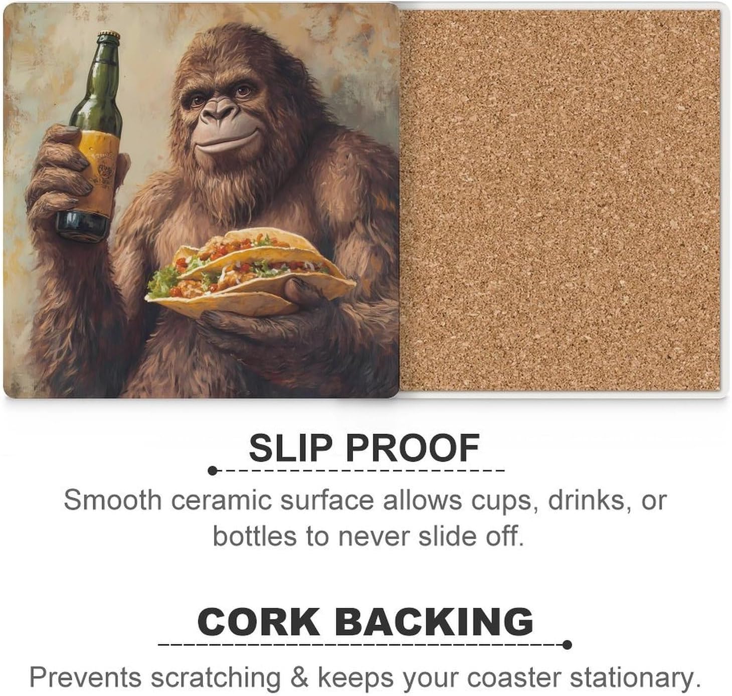 Bigfoot Sasquatch Hold Beer and Mexico Food Funny Ceramic Coasters for Drinks Absorbent Cup Holder Tabletop Protector with Cork Base