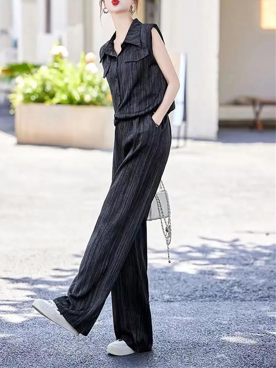Alloaone Women Trousers Shirt Stripe Wide Leg Office Blouse and Pant Sets for Women 2 Pieces