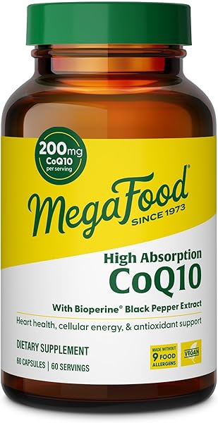MegaFood High Absorption CoQ10 200mg Per Serving - with BioPerine Black Pepper Extract - Antioxidant Support for Cellular Energy & Healthy Aging - 60 Heart Health Supplements Capsules, 60 Servings