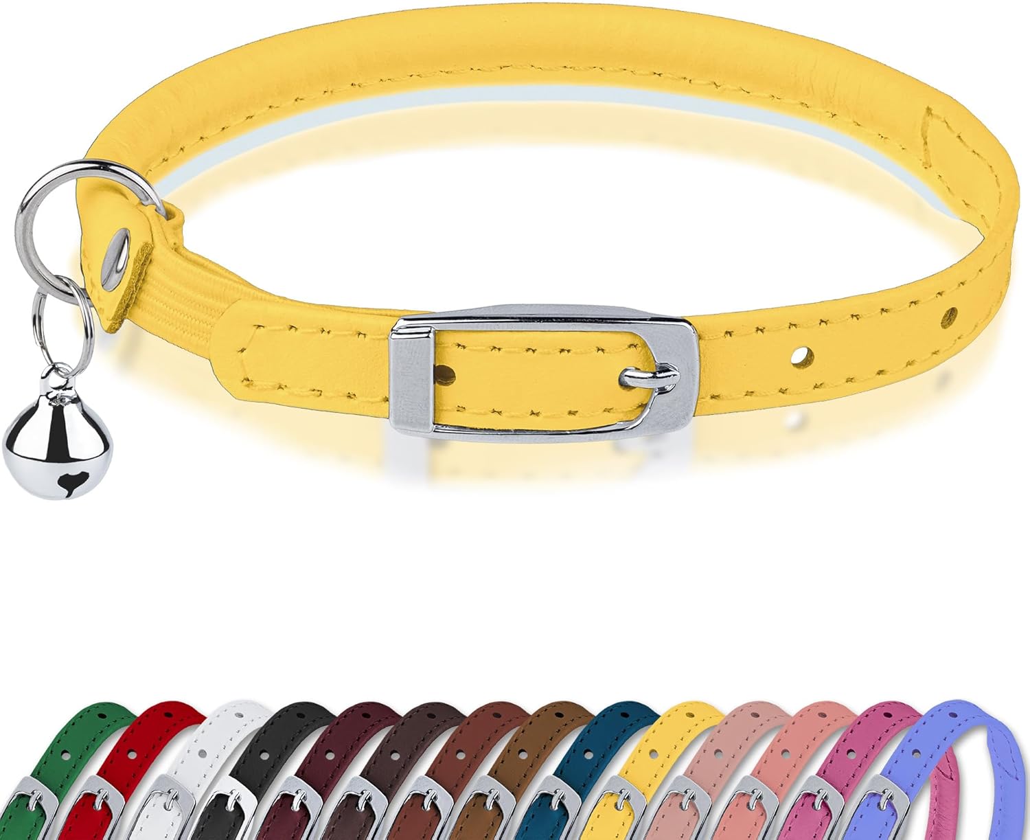 OOPSDOGGY Rolled Leather Cat Collar with Bell, Reflective Kitten Collars with Buckle Include Safety Elastic Strap – Adjustable Small Pet Collars for Boy Girl Cats (Yellow)