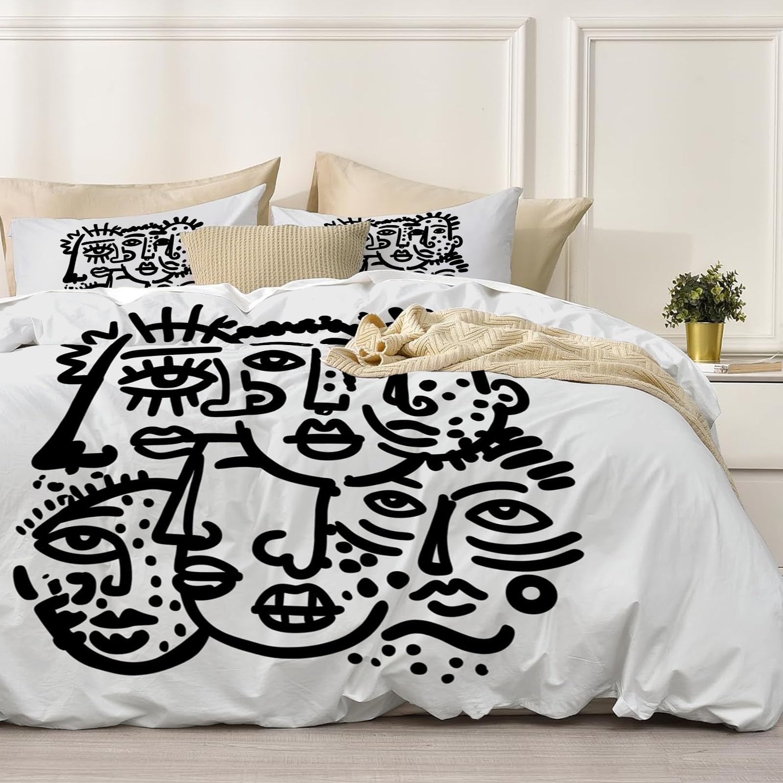 Housse de couette 240x260 cm visage humain noir et blanc parure lit moderne bohème