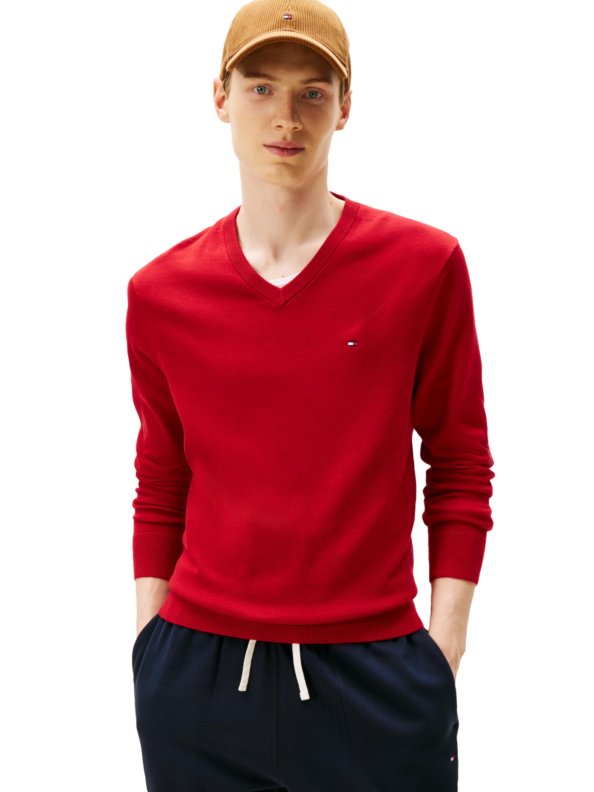 Tommy Hilfiger Men's Cotton Solid V Neck Sweater Lightweight Pullover