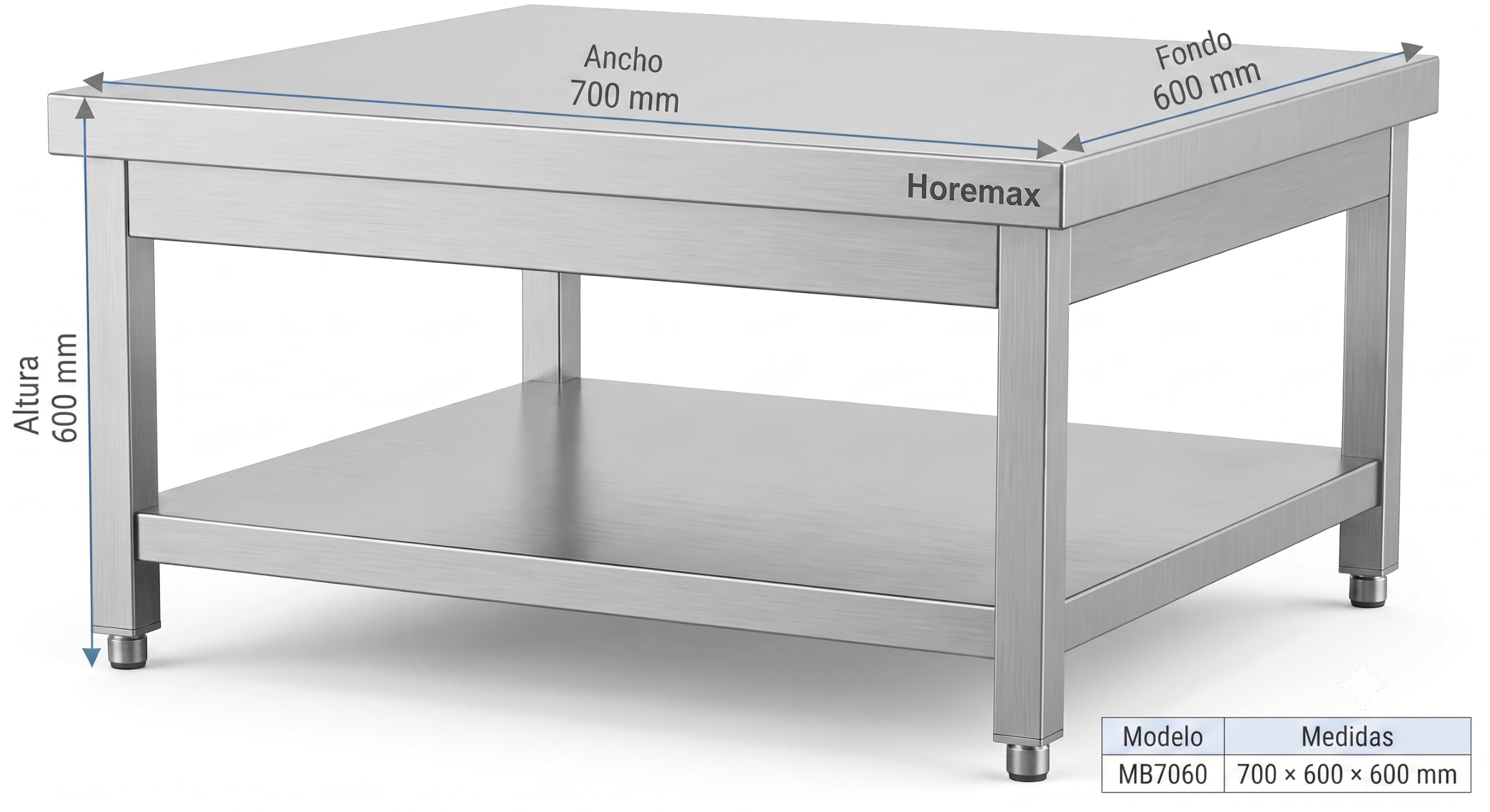 Mesa de Trabajo Central Baja de Acero Inoxidable AISI 304 con Estante Inferior, Mesa Auxiliar para Cocina Industrial y Hostelería, 700 x 600 x 600 mm