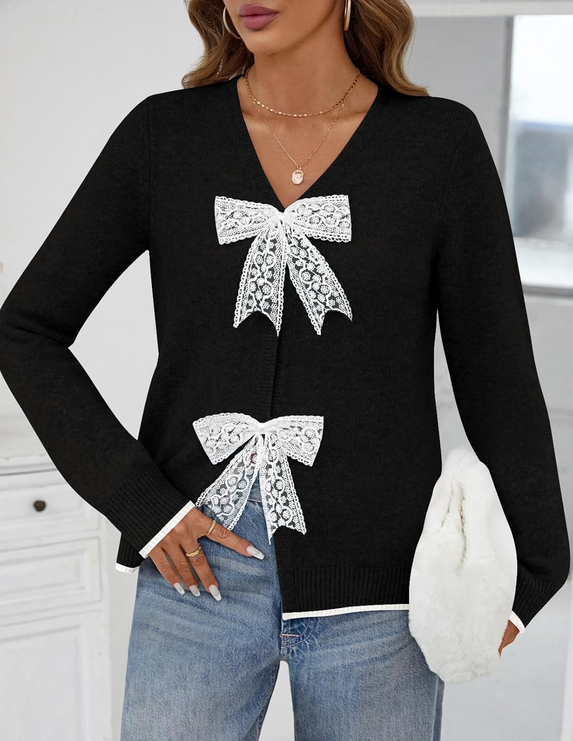 MEROKEETY Women's Tie Front Bow Cardigan Sweaters 2025 Long Sleeve Chunky Knit Cute Trendy Fall Winter Coats - Image 2